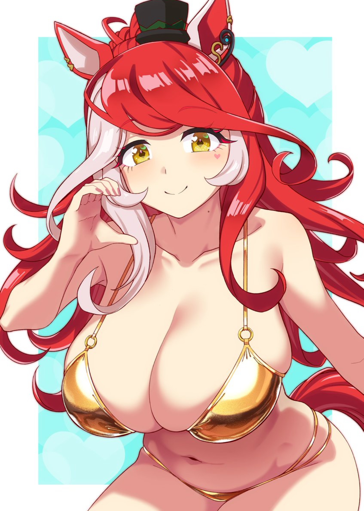 barely visible penis, belly, big breasts, big thighs, breasts, breasts bigger than head, breasts focus, busty, busty female, curvy, curvy figure, cute, cute face, female, female focus, female only, gold bikini, heart, heart hands, hips, horse, horse ears, horse girl, horse tail, hourglass figure, huge breasts, looking at viewer, loves only you (umamusume), oppai, pale skin, pale-skinned female, red hair, solo, solo female, solo focus, thick thighs, tummy, umamusume, umamusume pretty derby, white hair, yellow eyes