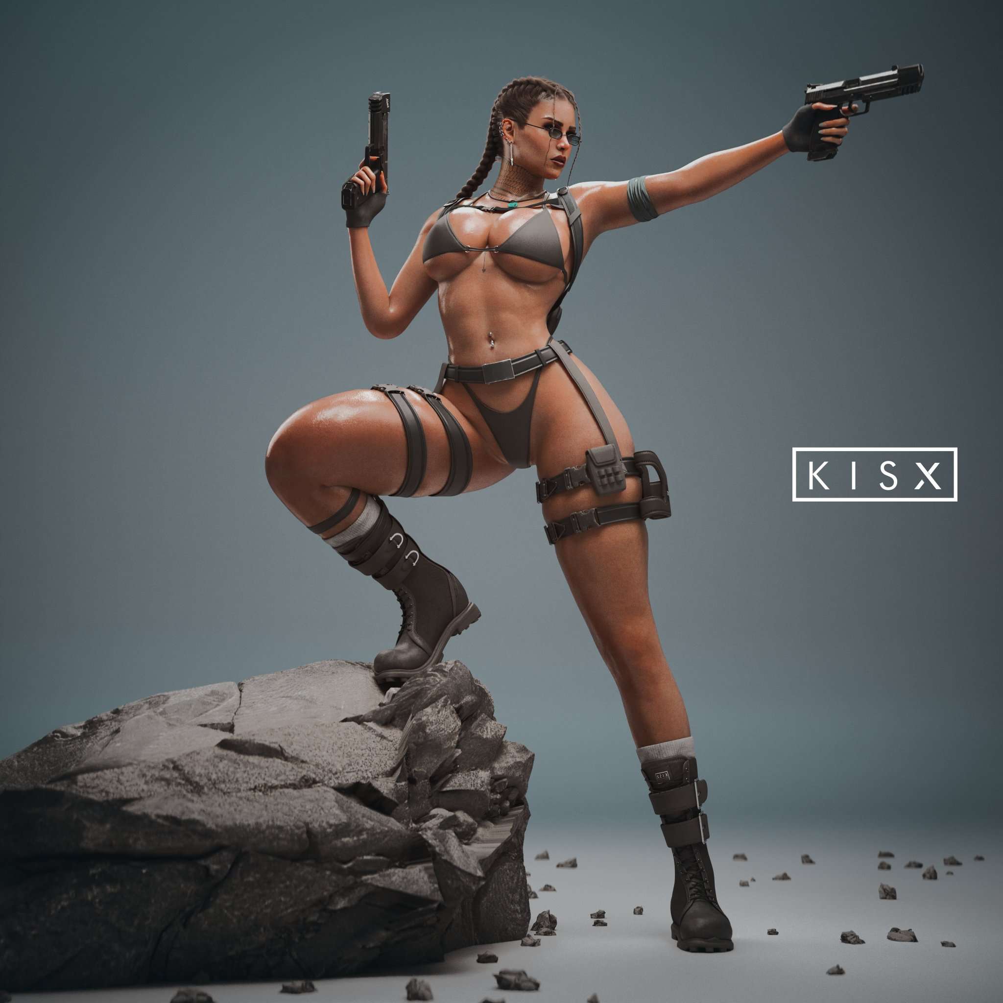 3d, about to burst, abs, barely contained, barely contained breasts, barely fits, belt, big breasts, blender, bolt on tits, boots, breast implants, breasts too big, clothing, enhanced breasts, fake breasts, female, firearm, footwear, handgun, handwear, human, imminent wardrobe malfunction, kisxsfm, lara croft, legwear, nonsexual, pale skin, silicone, silicone implants, sunglasses, swimwear, tactical gear, thick thighs, tinted eyewear, tomb raider, undersized clothes, undersized clothing, weapon