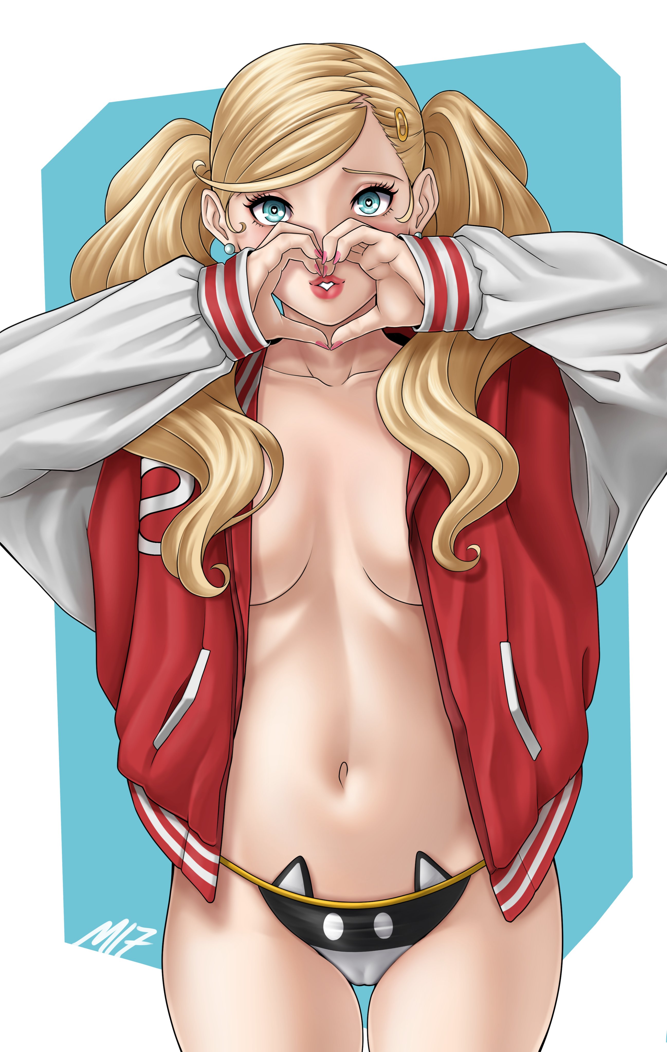 ann takamaki, blonde hair, blue eyes, muff17, no bra, persona, persona 5, photoshoot, stomach, teasing