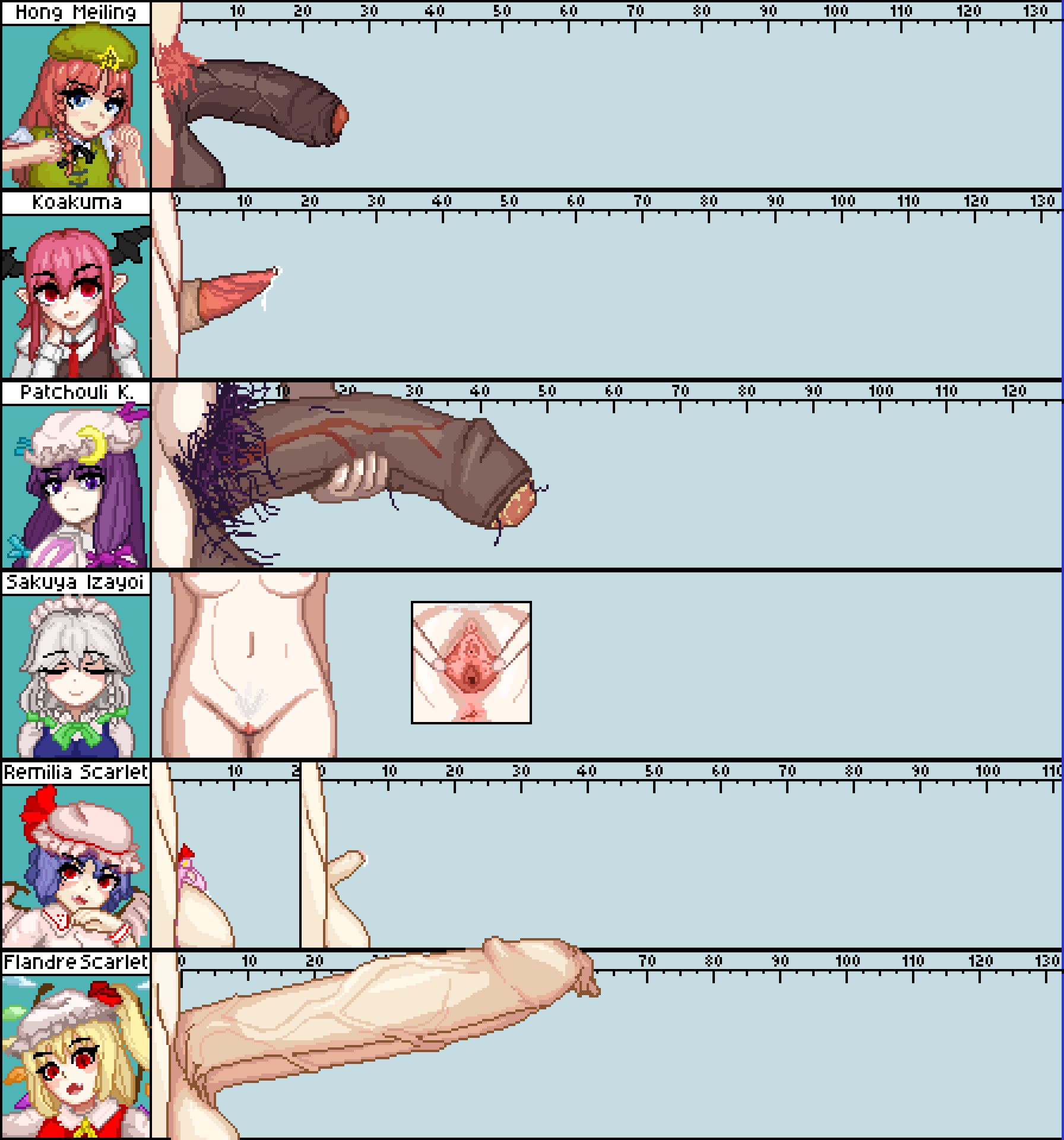 5futas, 6+girls, belly, big penis, blonde hair, blue eye, chart, chastity cage, chastity device, dark skin, darkened genitalia, darkened penis, dirty penis, female, flandre scarlet, foreskin, futanari, genitalwear, holding penis, hong meiling, human, intersex, izayoi sakuya, koakuma, large balls, large penis, multiple futa, multiple girls, pale skin, patchouli knowledge, penis, penis chart, penis size chart, pubic hair, purple eyes, purple hair, red eyes, red hair, remilia scarlet, silver hair, small penis, smegma, smelly cock, spread pussy, touhou, uncensored, wufuwufuwufu