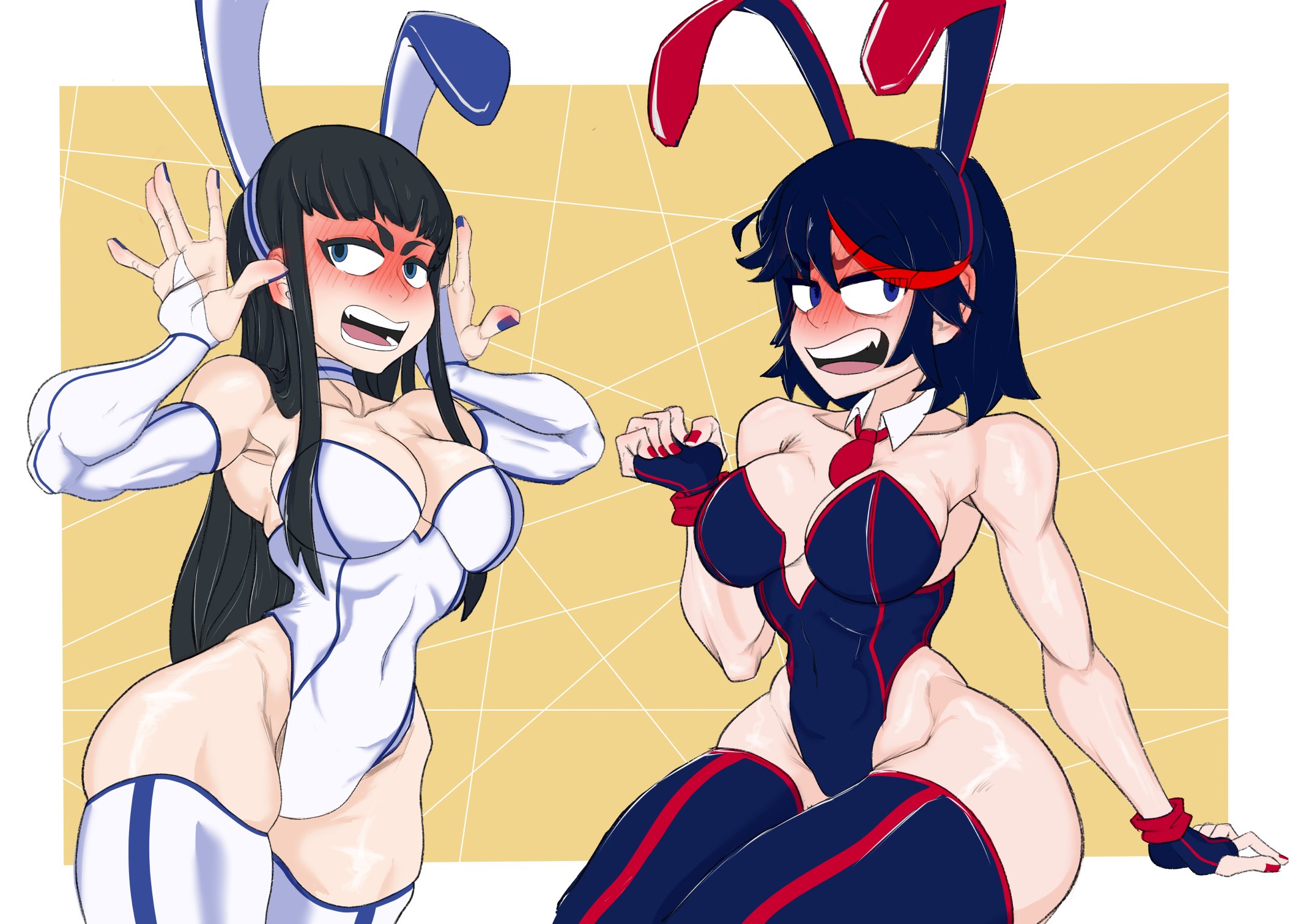 2girls, black hair, black-haired female, blue eyes, blush, breasts, bunny ears, bunny girl, bunnysuit, choker, curvy, embarrassed, exposed hips, exposed shoulders, female only, fingerless gloves, hips, kill la kill, kiryuuin satsuki, long gloves, matoi ryuuko, noodlearts, noodlensfw, posing, thick thighs, thighhighs, tie, wide hips