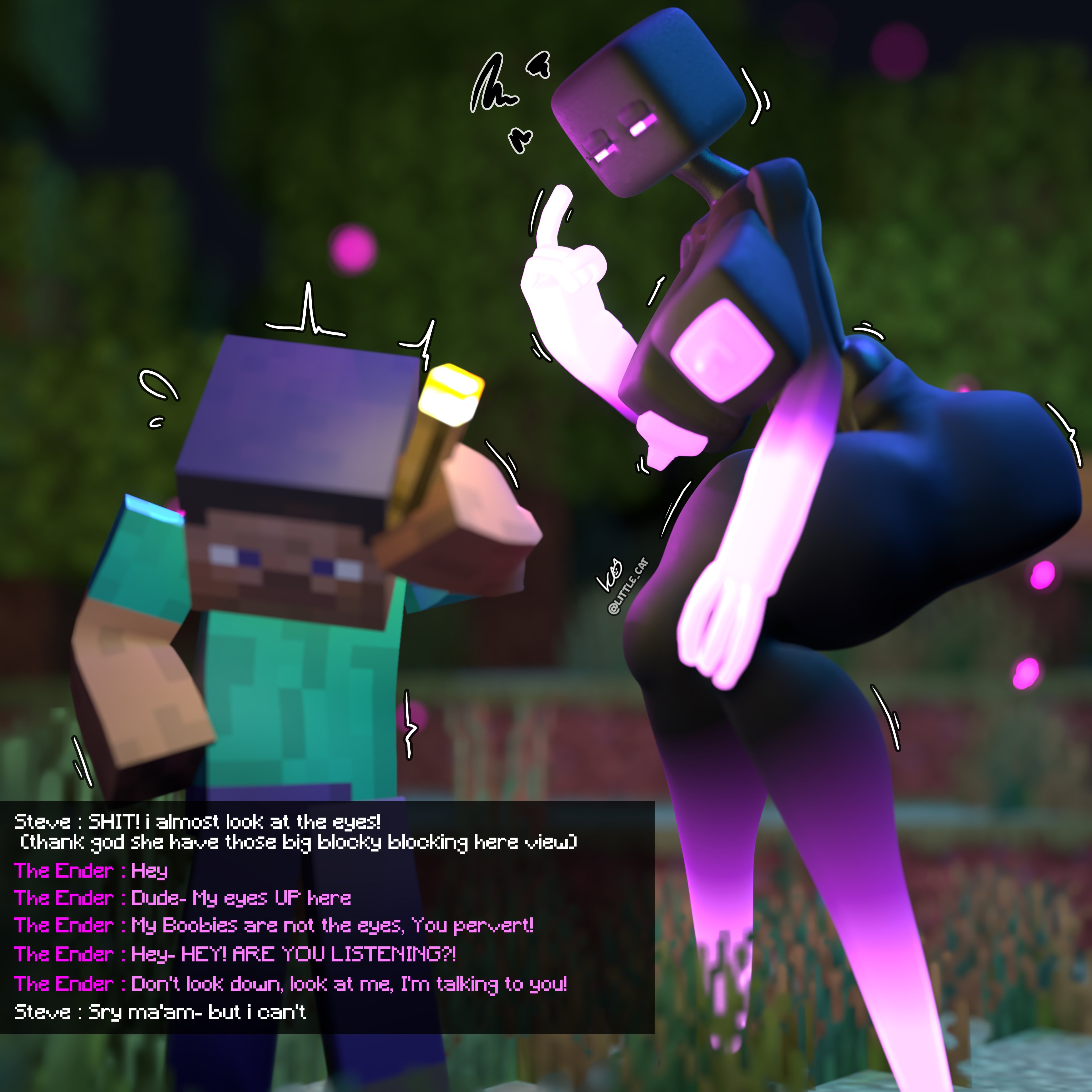 1girls, 3d, abs, angry, annoyed, ass, bent over, big breasts, breasts, bubble butt, chat, chat log, curvy, curvy figure, dat ass, detailed background, dialogue, dumptruck ass, enderman, enderwoman, fat ass, female, female only, giant breasts, gigantic breasts, huge breasts, large ass, large breasts, little cat, massive ass, massive breasts, minecraft, minecraft chat, monster, monster girl, text, text box, thick ass, thick thighs, thighs, thunder thighs, voluptuous, voluptuous female, wiggle lines