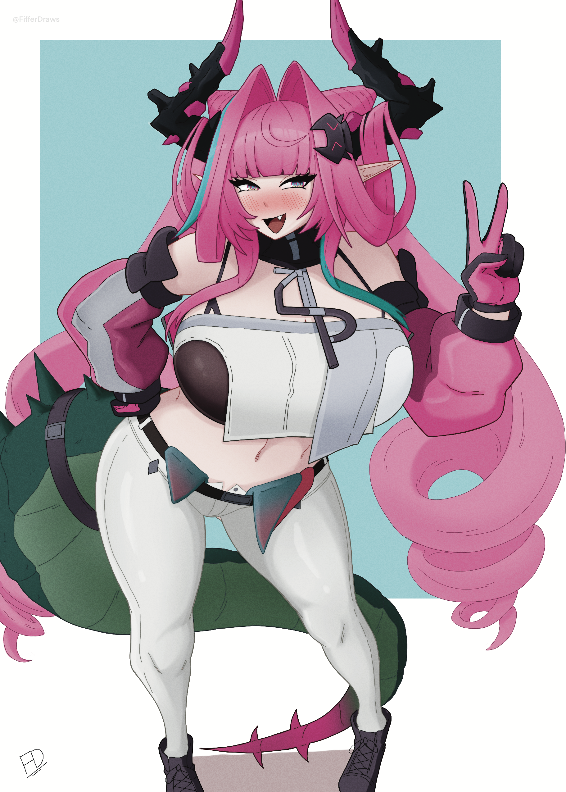 1girls, arknights, arknights: endfield, big breasts, breasts, busty, clothing, female, female only, fiffer, horns, huge breasts, large breasts, looking at viewer, massive breasts, pink hair, png, solo, solo female, tail, thick thighs, thunder thighs, wide hips, yvonne (arknights: endfield)