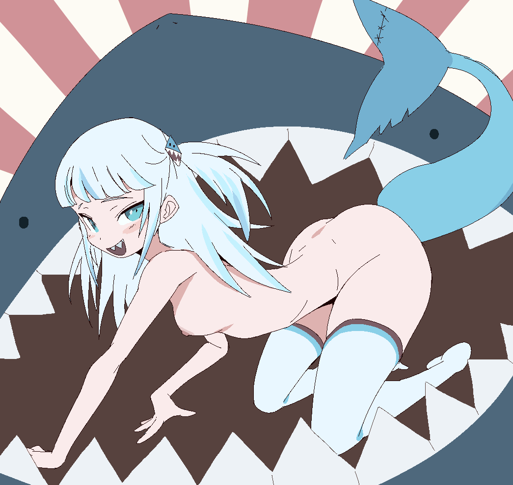 blue eyes, gawr gura, hololive, hololive english, hololive myth, looking at viewer, naked, on knees, pose, shark, shark girl, shark tail, sharp teeth, sketch, small breasts, thighhighs, virtual youtuber, white hair, yev-san
