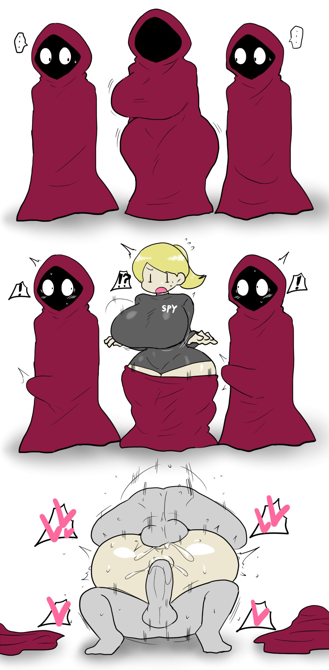 !, !?, 1girls, 2boys, big ass, big breasts, big butt, big penis, blush, caught, cult, cultist, double penetration, enigi09, heart, heart symbol, imminent rape, mating press, mating press double penetration, original, original character, questionable consent, rape, spy-chan, spying