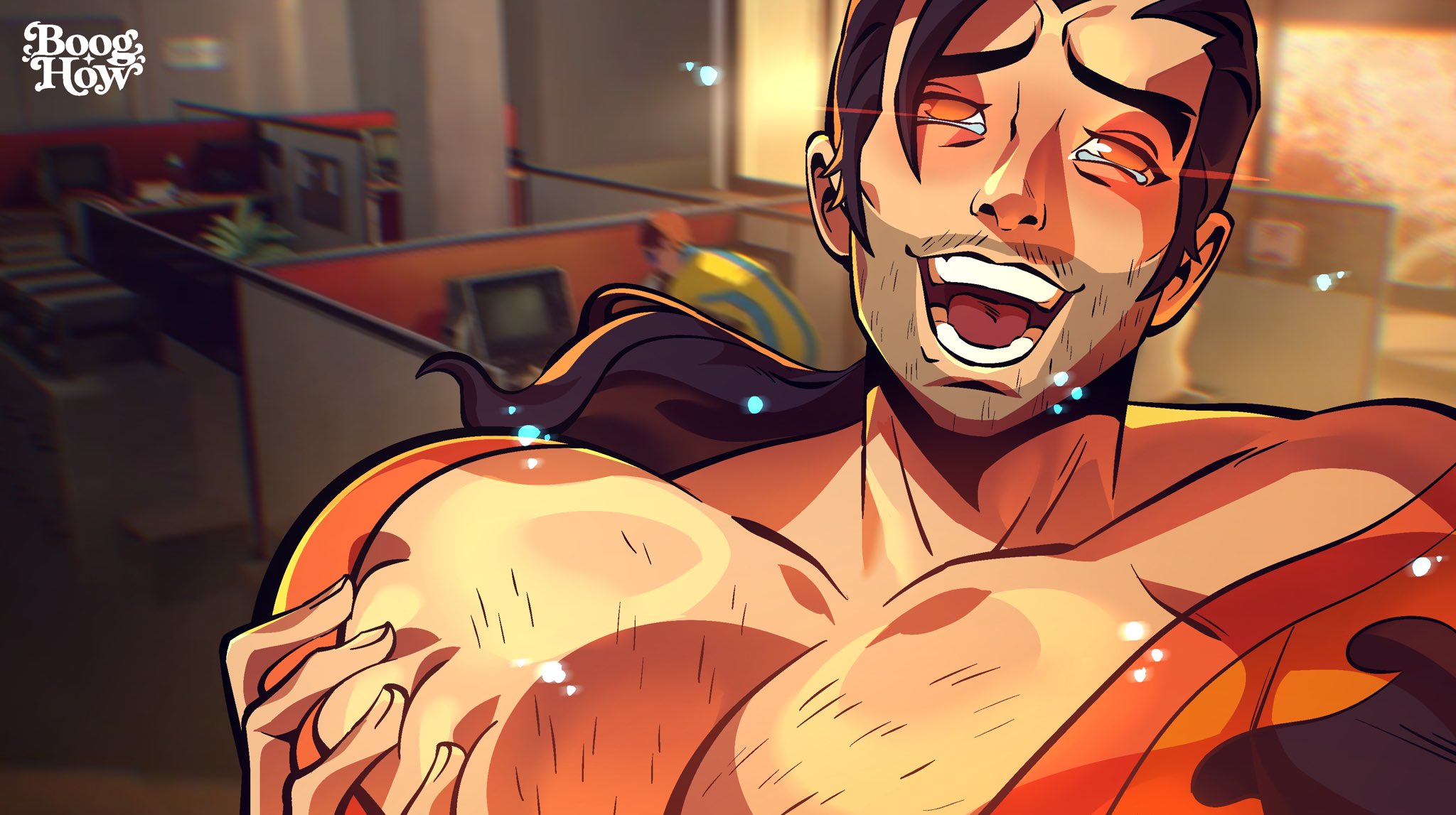 bara, big pecs, boog how, city boy, dispatch (game), flambae, gay, grabbing pec, male, male only, male/male, meme, muscular, muscular male, ponytail, solo, yaoi, yumeko grabbing her breast