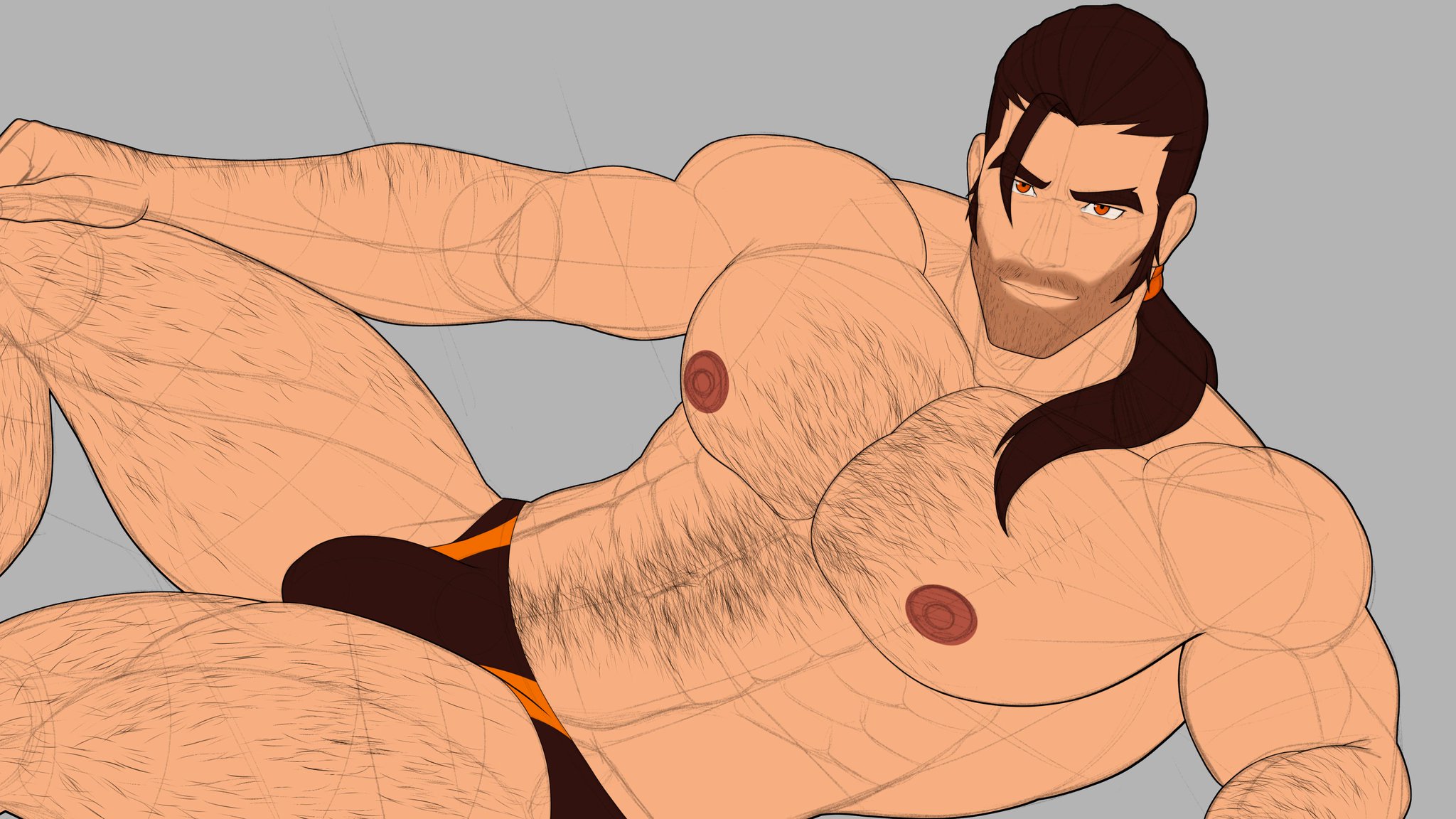 bara, big pecs, bulge, chest hair, cresxart, dispatch (game), flambae, gay, hairy, hairy chest, male, male only, ponytail, solo, thong