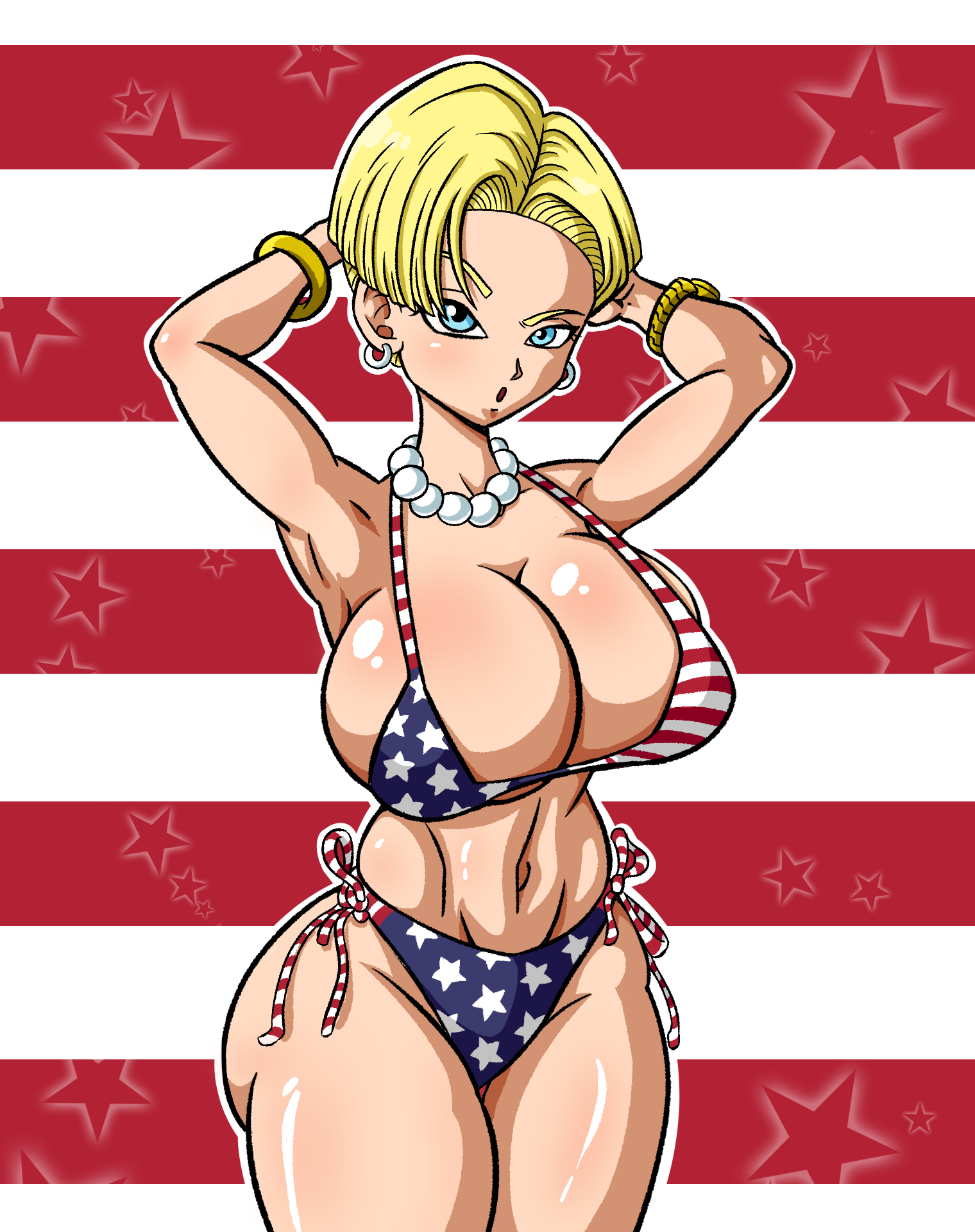 american flag bikini, android 18, big breasts, bikini, blonde hair, blue eyes, bracelet, breasts, dragon ball, dragon ball gt, dragon ball z, earrings, female, jewelry, milf, necklace, short hair, superspacewarrior, thick thighs, watch