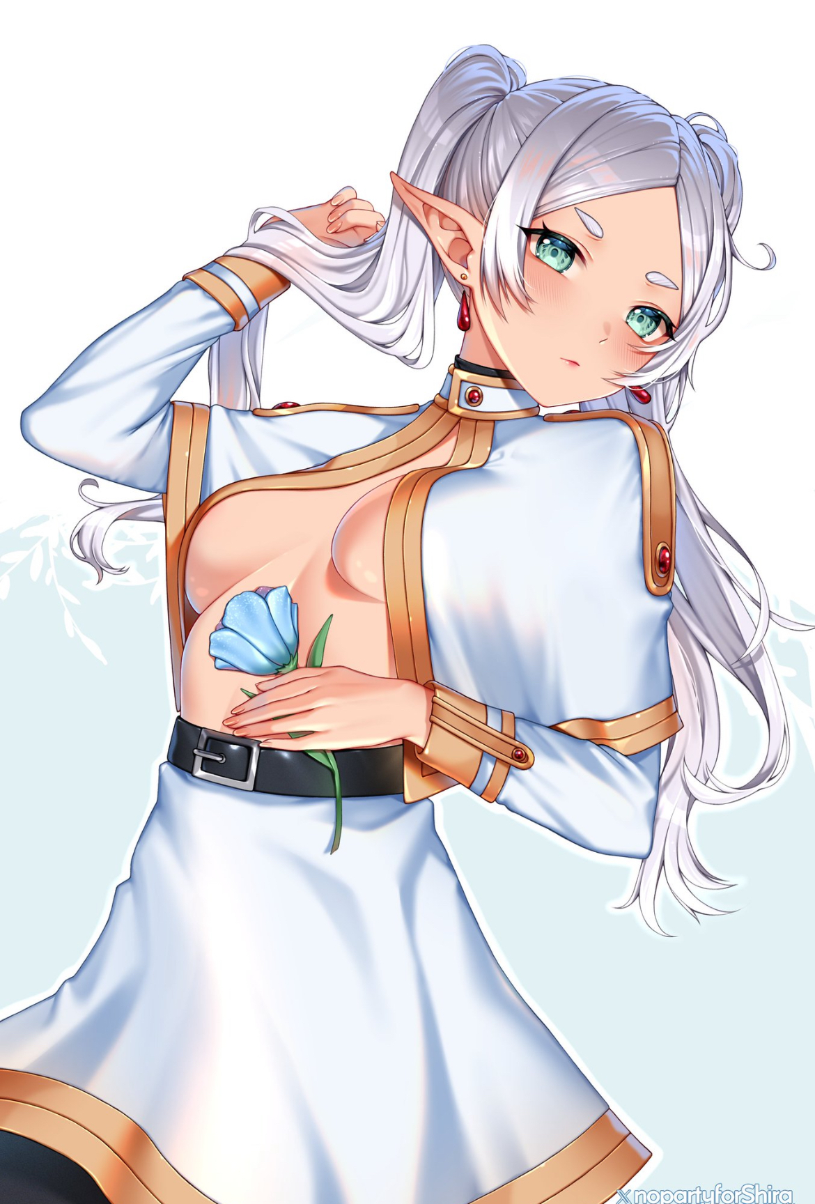 blue rose, cute, cute face, elegant female, elf, elf ears, elf female, female, female focus, female only, frieren, green eyes, hand in hair, long hair, looking at viewer, midriff, newmoonshira, petite, petite female, revealing breasts, sexy, sexy body, silver hair, slender, slender body, slim waist, small breasts, solo, solo female, solo focus, sousou no frieren, tiny breasts, underboob