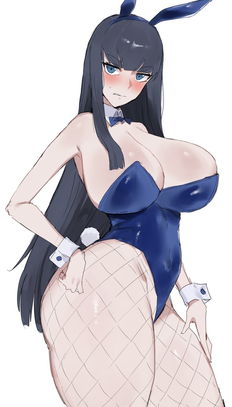 black hair, blue eyes, blush, bunny ears, bunny tail, bunnysuit, cleavage, female, female only, fishnet legwear, hime cut, huge breasts, kataku musou, kill la kill, kiryuuin satsuki, long hair, looking at viewer, simple background, sweatdrop, thick thighs, white background