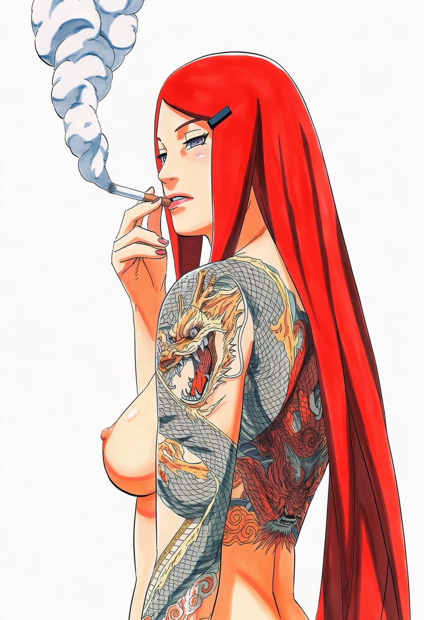 1girls, accurate art style, accurate body type, ai generated, areola, areolae, arm tattoo, back, back tattoo, bare breasts, bare skin, blue eyes, blunt bangs, breasts, cel shading, cigarette, completely nude, completely nude female, curvaceous, curvy, dragon, dragon tattoo, eastern dragon, female, female focus, female only, from side, full color, grey eyes, hair ornament, hairclip, high resolution, highres, light skin, light-skinned female, line art, looking at viewer, looking to the side, manga style, masashi kishimoto style, mature female, medium breasts, milf, nail polish, naked, naruto, naruto (series), naruto shippuden, nipples, no bra, nude, nude female, painted nails, pink nipples, pinup, pose, profile, red hair, red nails, shiny hair, shiny skin, shoulder tattoo, side view, sideboob, simple background, slim waist, smoke, smoking, smoking cigarette, smooth skin, solo, solo female, solo focus, standing, tattoo, topless, topless female, upper body, uzumaki kushina, very long hair, white background, ㅇㅇ