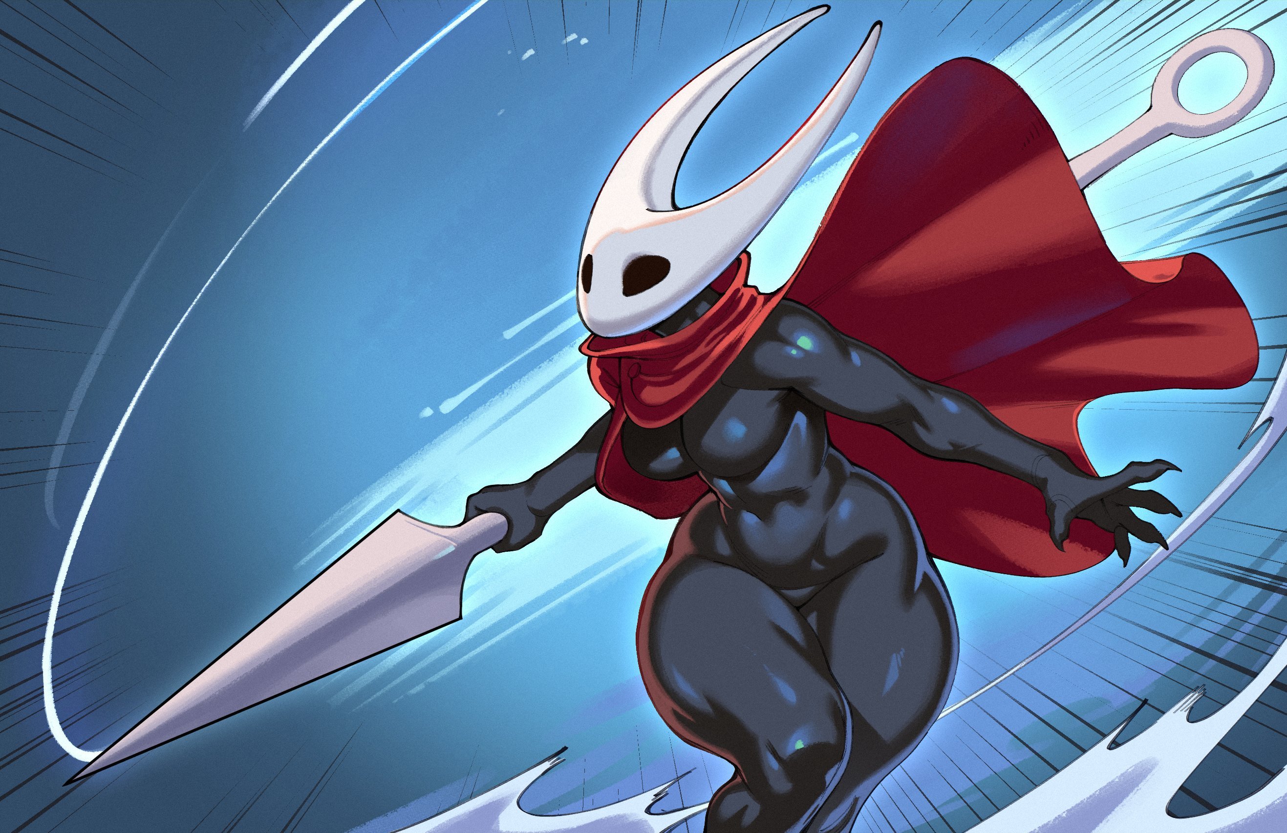 2d, 2d (artwork), 2d artwork, black skin, blade, breasts, cape, female, hair, hollow knight, hollow knight (franchise), hollow knight: silksong, hornet (hollow knight), lips, nocturne nsfw, red cape, solo, video game character, video games, weapon