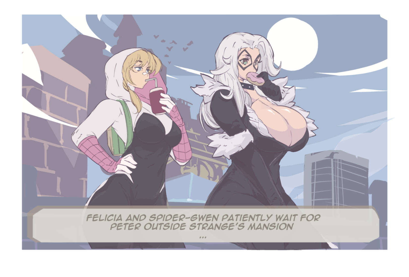 2026, 2girls, 7 passes, big breasts, black cat (marvel), bodysuit, breasts, cleavage, curvaceous, curvaceous body, curvaceous female, curvaceous figure, curvaceous hips, curvy, curvy body, curvy female, curvy figure, curvy hips, felicia hardy, female only, gwen stacy, hips, huge breasts, large breasts, light skin, light-skinned female, marvel, marvel comics, massive breasts, skin tight, spider-gwen, spider-man (series), thick, thick breasts, thick hips, thick thighs, tight clothes, tight clothing, wide hips