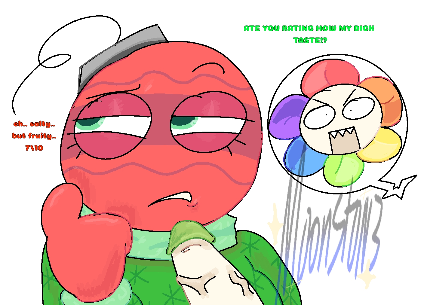 artist request, bobette (dandy's world), cock, comedy, dandy (dandy's world), dandy's world, dick, green cock, penis, roblox, tagme, text