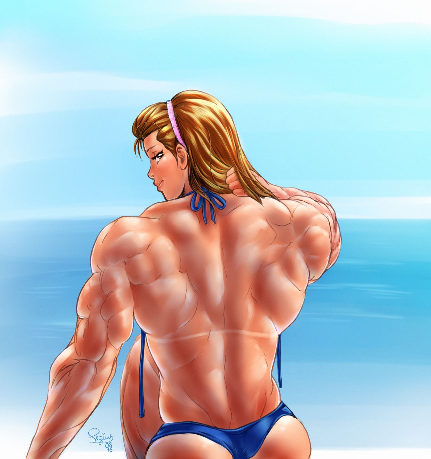 back beach big_muscles blonde_hair brown_eyes extreme_muscles female muscles muscular_female pegius solo