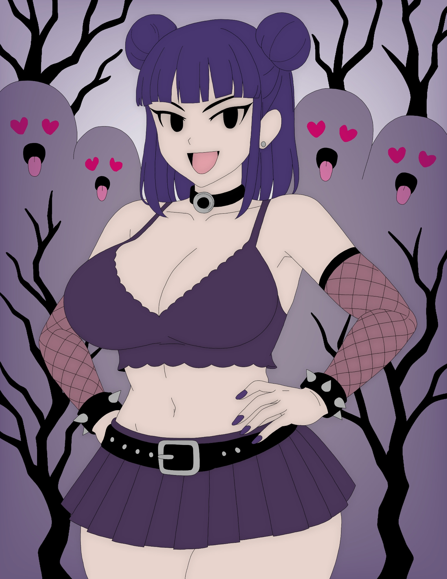 artvi, belt, black belt, black choker, choker, cleavage, crop top, dead trees, eva (naughtycomix), evil smile, excited, female, female focus, fishnet gloves, forest, ghosts, goth, hair buns, hands on hips, heart eyes, heart-shaped pupils, highres, huge breasts, lace trim, long hair, looking at viewer, massive breasts, midriff, miniskirt, nail polish, navel, night, odango, off shoulder, open mouth, painted fingernails, painted nails, pleated skirt, punk, purple background, purple crop top, purple eyes, purple fishnets, purple hair, purple nails, purple skirt, revealing clothes, short skirt, skirt, solo, spiked bracelet, spiked choker, standing, tagme, tongue out, tongue out ghosts, twintails, underboob, yandere