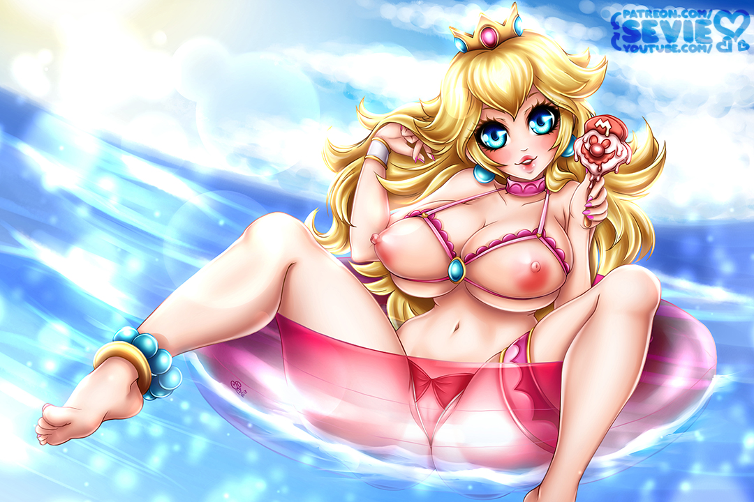 1girls, areolae, big breasts, blonde hair, blue eyes, breasts, crown, feet, female, female only, head tilt, large breasts, long hair, looking at viewer, mario (series), nintendo, nipples, outdoors, panties, popsicle, princess peach, sevie, solo, spread legs, thighhighs, water