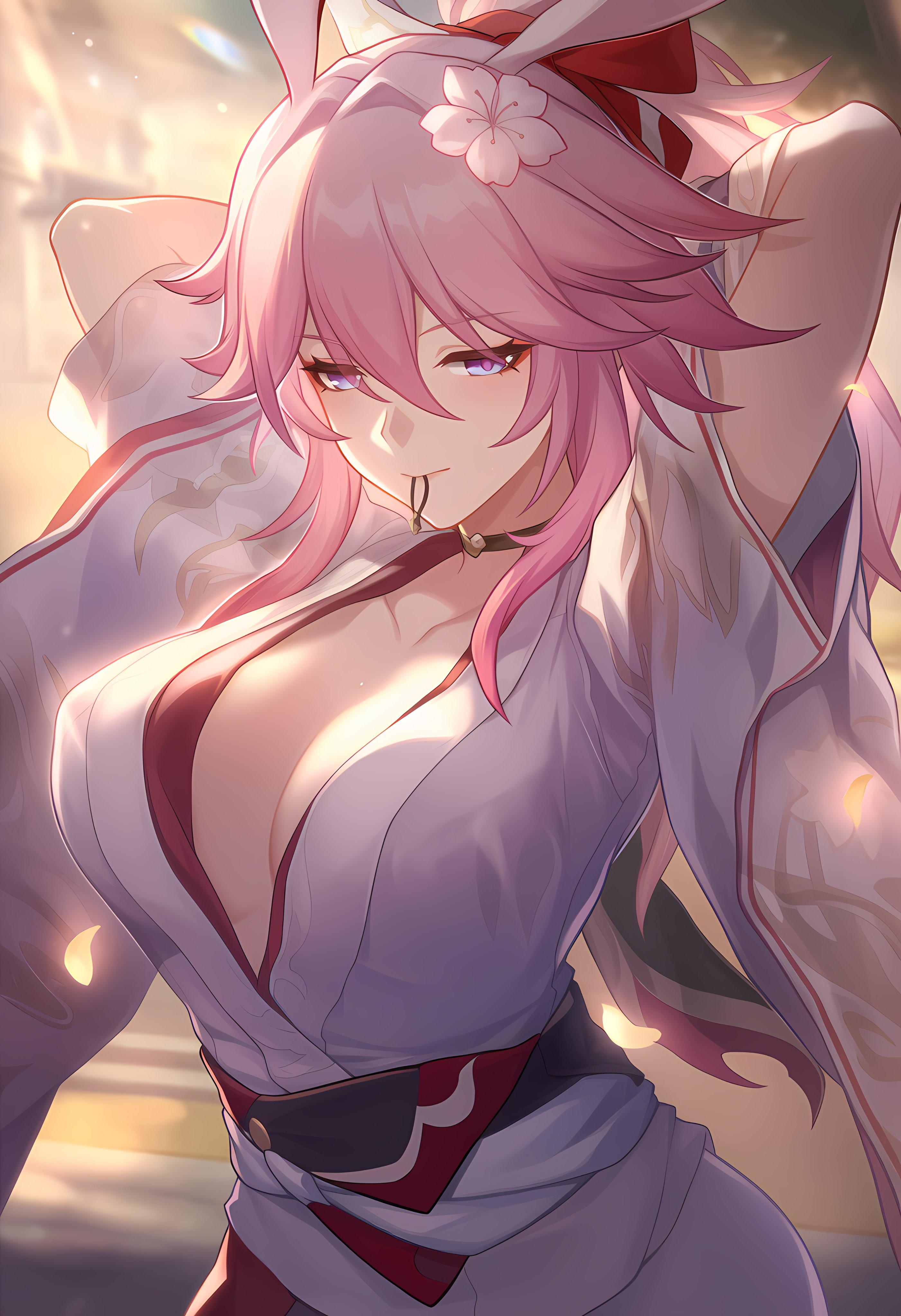 1girls, absurdres, arms behind head, arms up, beautiful, belt, big breasts, breasts, collar, collarbone, evanescia (honkai: star rail), female, female only, fixing hair, flower, hair flower, hair ornament, hair ribbon, hairclip, hakivili, highres, hips, hips wider than shoulders, honkai (series), honkai: star rail, huge breasts, inner sideboob, japanese clothes, kimono, long hair, long sleeves, looking at viewer, makeup, multicolored eyes, open clothes, open shirt, pink ears, pink hair, rabbit ears, red ribbon, ribbon, shirt, solo, teasing