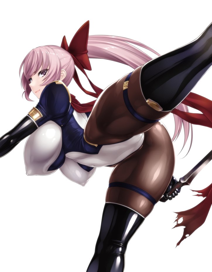 ass big_breasts bodysuit bow cameltoe covered_breasts covered_nipples erect_nipples female female_only impossible_clothes large_breasts leotard looking_at_viewer looking_back nipples original original_character pink_hair rindou_(radical_dream) sideboob skin_tight solo standing_on_one_leg thigh_boots thighhighs underboob very_long_hair