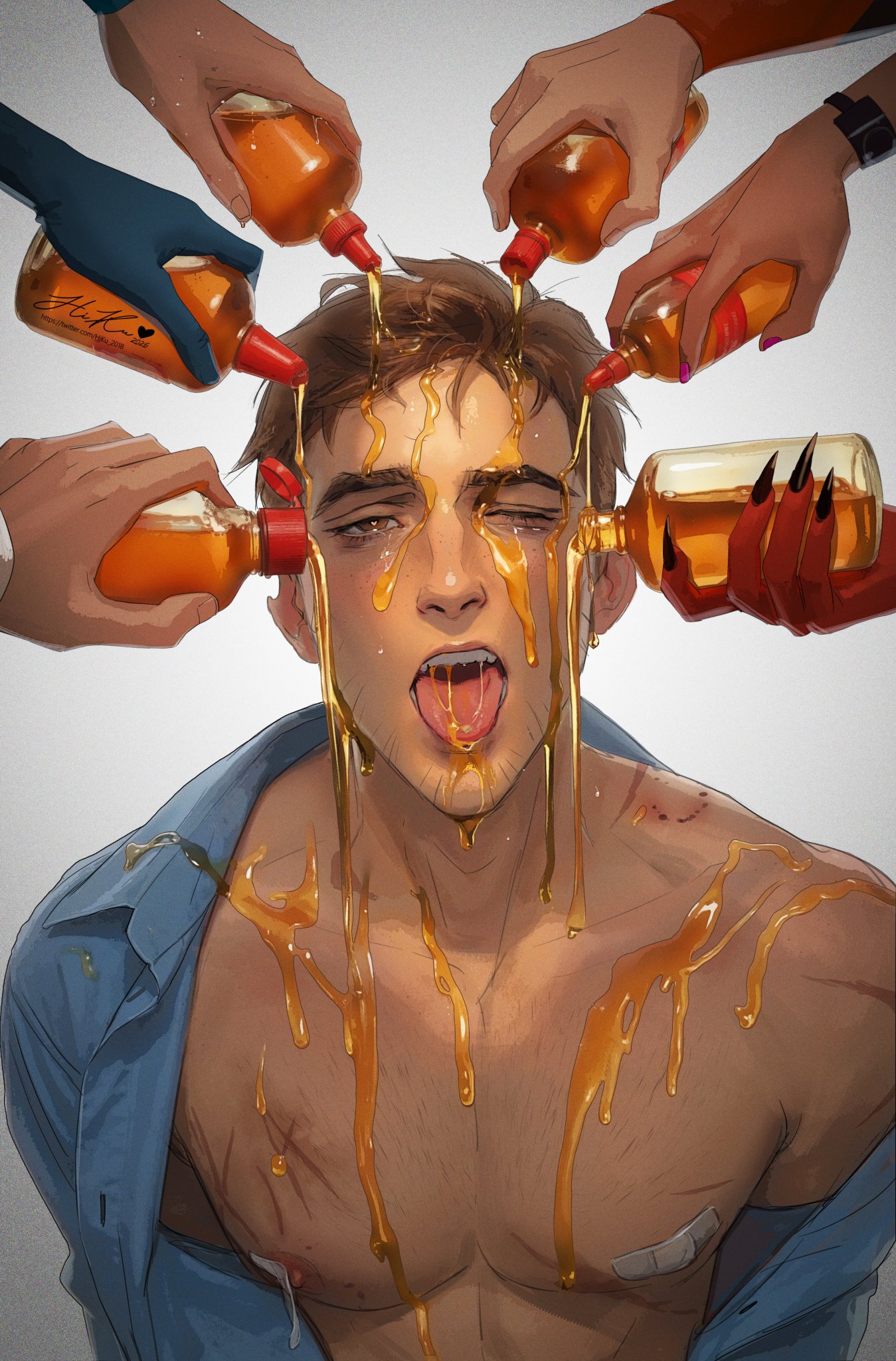 beer, bisexual, bisexual male, blonde blazer, dispatch (game), dripping, female, flambae, hi-ku, hiku 2018, invisigal, male, male focus, malevola gibb, multiple boys, multiple females, multiple girls, multiple males, phenomaman, robert robertson, tongue out, waterboy (dispatch), wet