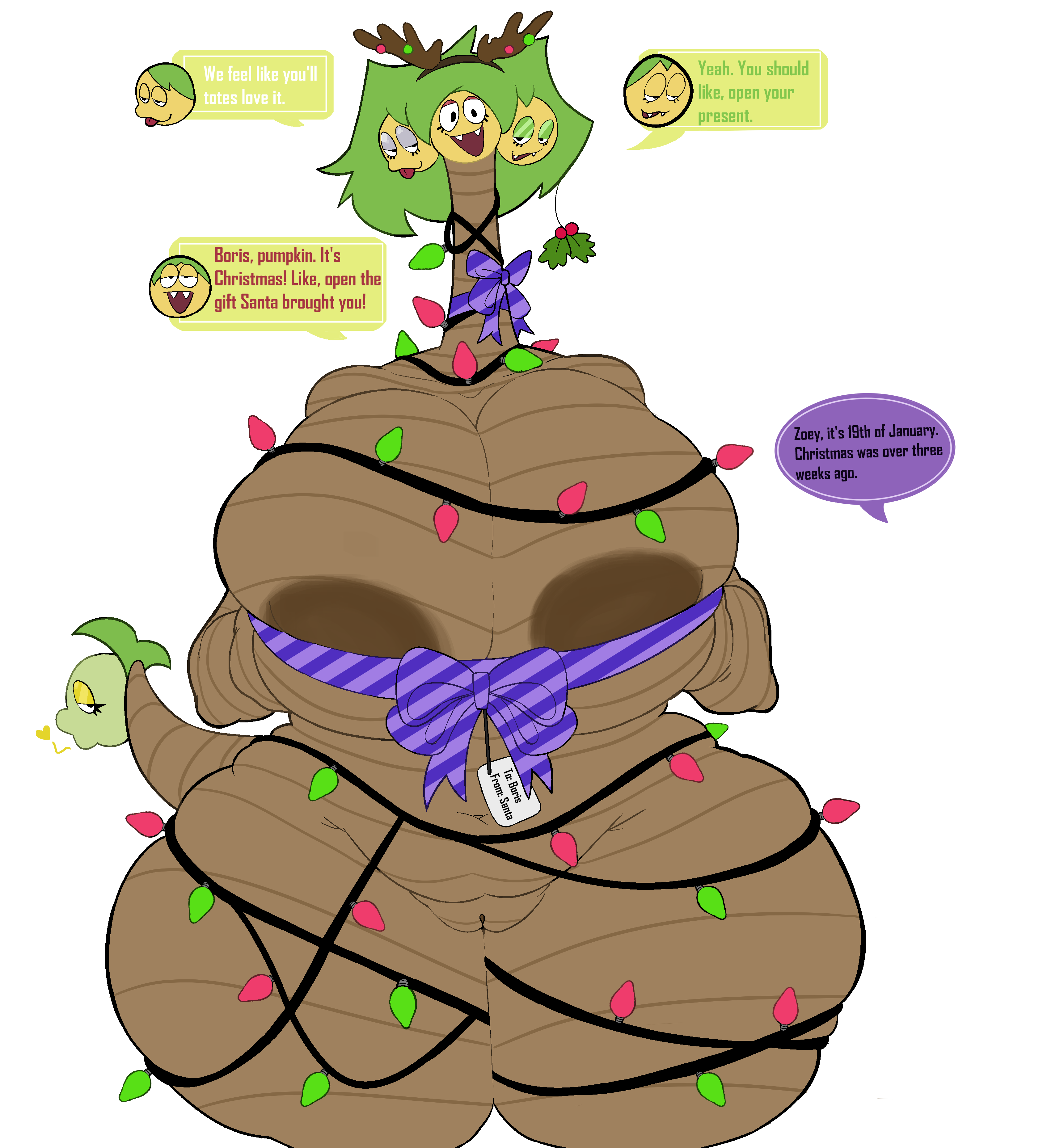 2026, alolan exeggutor, antlers, areolae, bedroom eyes, bimbo, bow, christmas, christmas lights, christmas tree, commission, commissioner upload, english text, exeggutor, gardesnorela, giant breasts, gift, heart, just coffee, kissy face, large breasts, mistletoe, multiple heads, nametag, nude, plant, plant girl, pokemon, pokemon rgby, pokemon sm, pussy, ribbon, sticking out tongue, tagme, text, thick thighs, unseen male face, white background, zoey (gardesnorela)