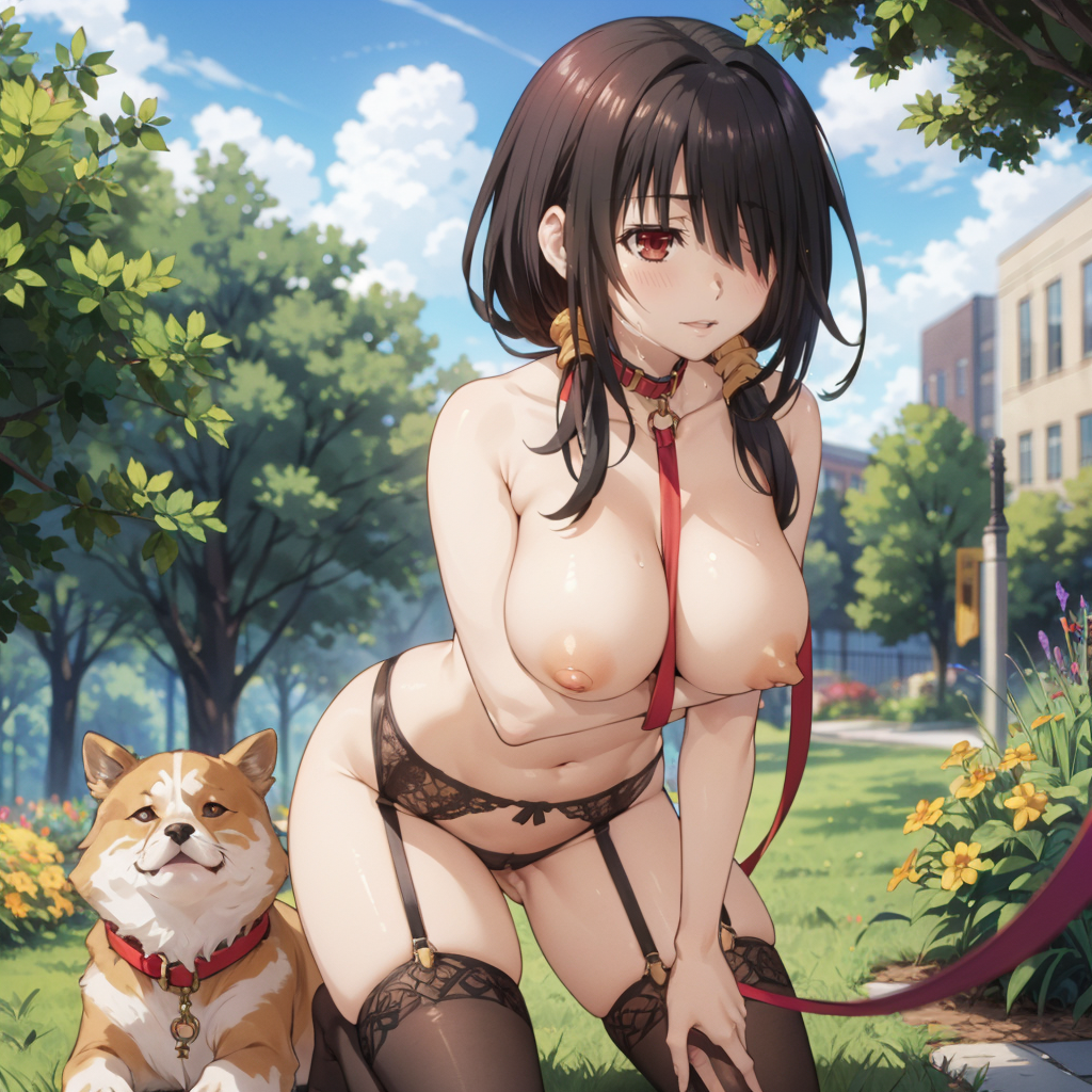 1girls ai_generated black_hair canine date_a_live long_hair lonhun1028 nipples petplay puppy puppyplay red_eyes tokisaki_kurumi