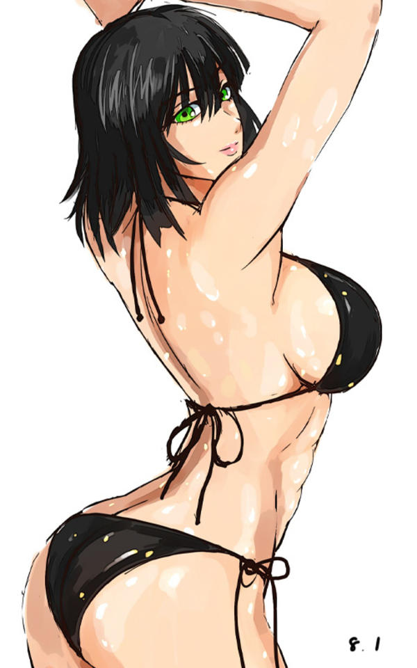 ass, bikini, black hair, breasts, female, fubuki (one-punch man), green eyes, large breasts, lips, one-punch man, pose, short hair, sideboob, solo, white background