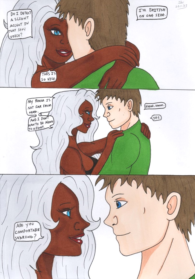 1boy blue_eyes breasts brown_hair clothing couple dark-skinned_female dark_skin english_language english_text eye_contact female green_shirt hug interracial lips lipstick long_hair looking_at_another makeup male marvel marvel_comics ororo_munroe shirt sideboob smile storm_(x-men) straight sweatdrop text tyrannuss555 white_hair x-men