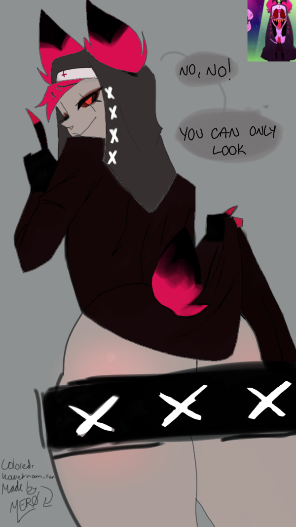 alastor_(hazbin_hotel) ass booty censored censored_anus censoring deer deer_ears deer_tail demon demon_boy demons hazbin_hotel nun nun_outfit nuns red_eyes red_eyeshadow red_hair satanic tagme text text_box text_bubble