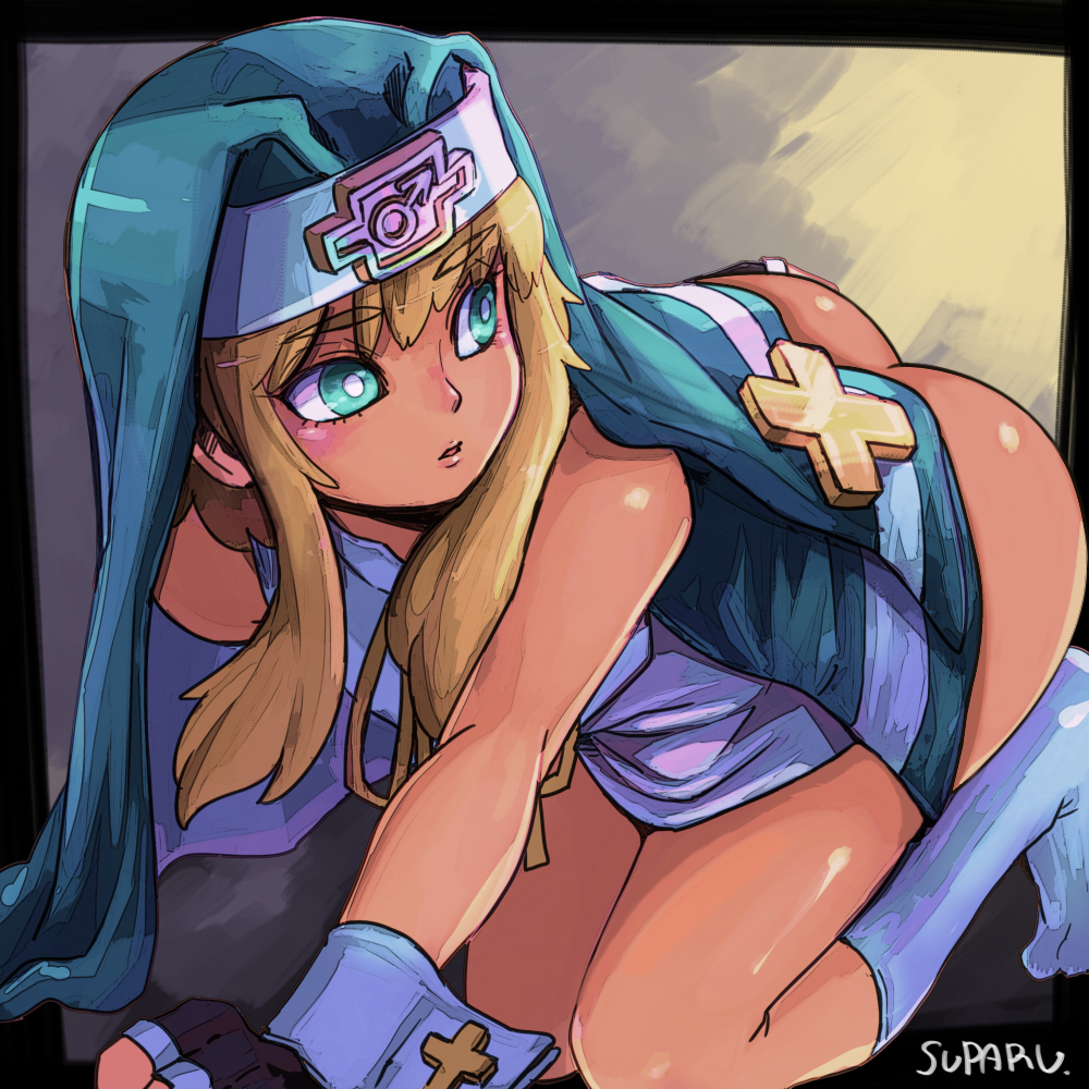 1boy androgynous ass bike_shorts blonde_hair bottomless bridget butt_crack canon_crossdressing edit femboy fingerless_gloves girly gloves green_eyes guilty_gear habit headdress kneeling long_hair mars_symbol nun socks solo suparu_(detteiu) wrist_cuffs