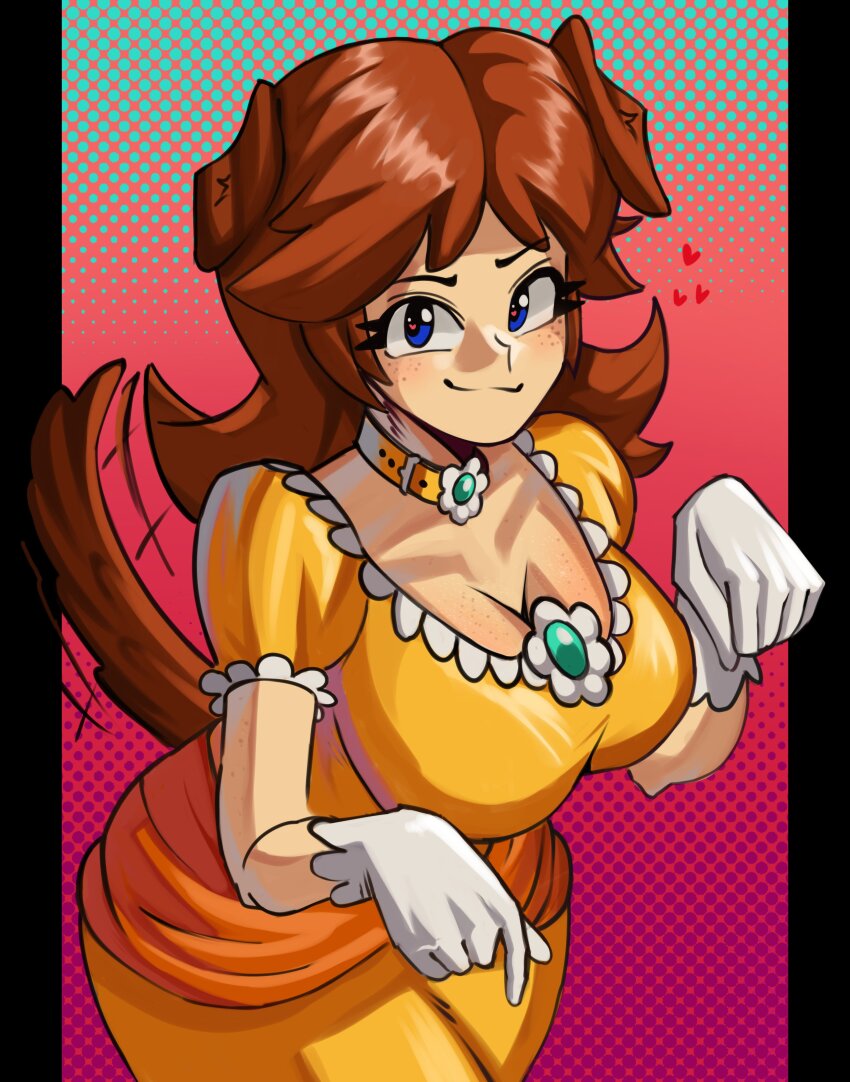 1girls absurdres animal_ears blue_eyes breasts brooch brown_hair cleavage collar dog_ears dog_tail dress female flower_brooch freckles gloves highres jewelry large_breasts mario_(series) moxydrawsmore nintendo orange_dress princess_daisy solo tail white_gloves