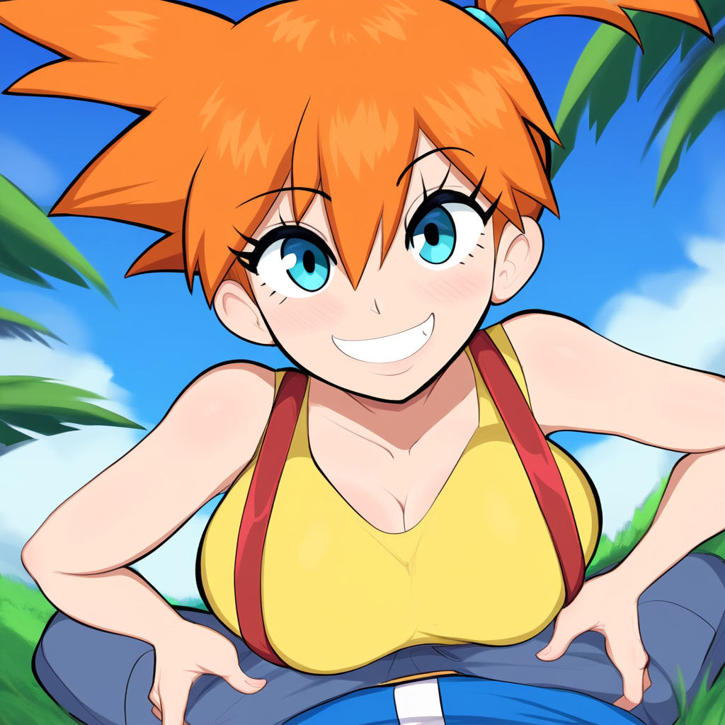 1boy 1boy1girl 1girls ai_generated alternate_breast_size big_breasts breasts female imminent_sex kasumi_(pokemon) looking_at_viewer mullon novelai orange_hair pokemon pokemon_(anime) pov satoshi_(pokemon) smile straight