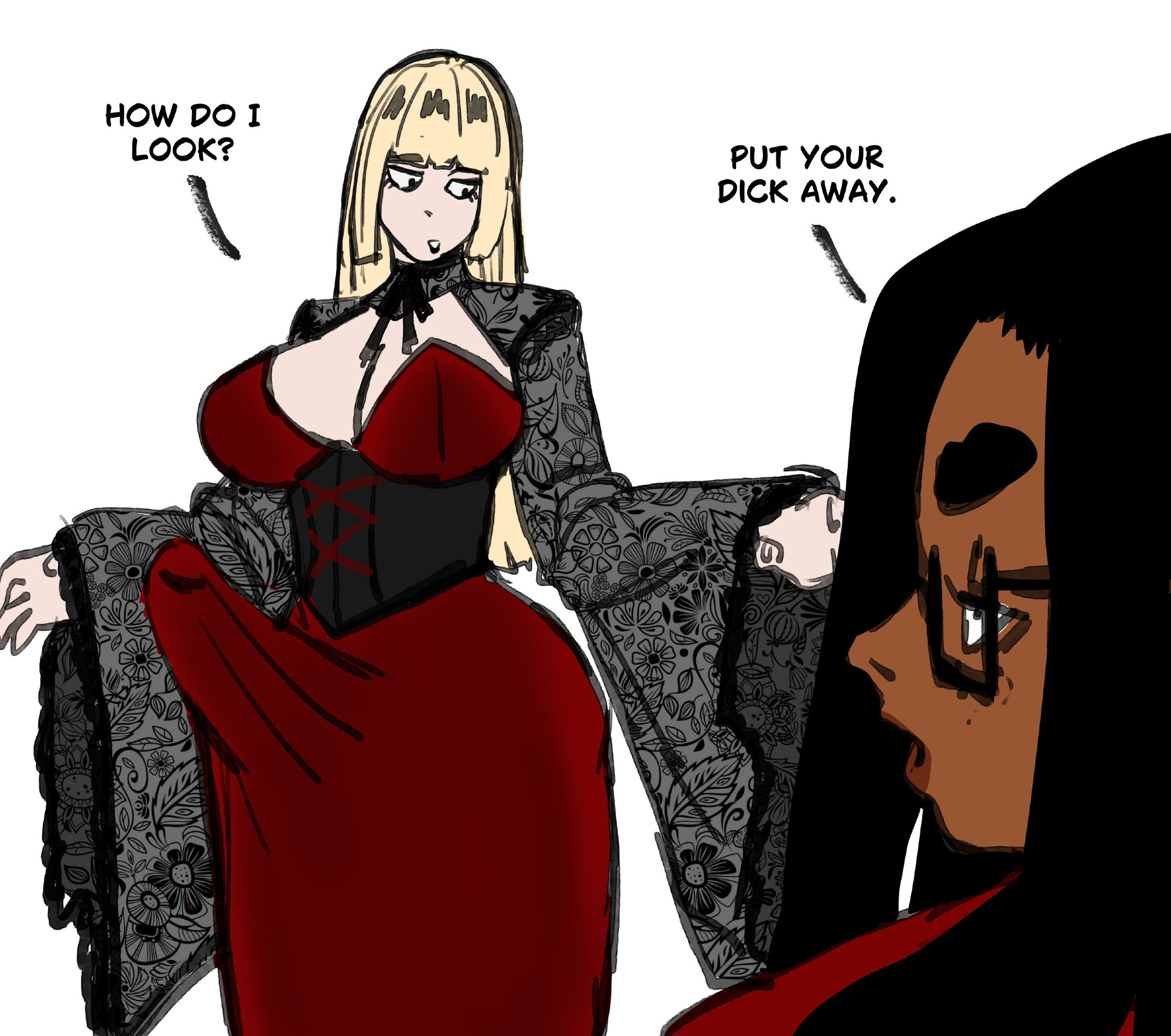 1futa, 1girls, big breasts, big penis, blonde futa, blonde hair, boob window, breasts, chocolate and vanilla, corset, dark-skinned female, dress, erection under clothes, erection under dress, female, fully clothed, futanari, glasses, half rim glasses, henfent, hentae (artist), huge breasts, intersex, jessie (hentae), light-skinned futa, original characters, penis, red dress, straight bangs, tentecreul, tenting, thick eyebrows, tiffany (hentae), white background