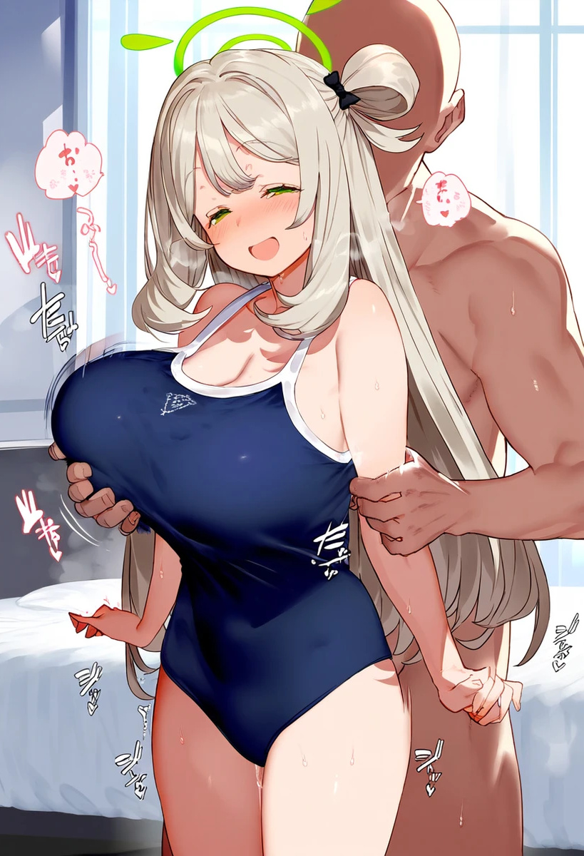 1boy 1girls ai_generated bare_legs blonde_hair blue_archive blush breast_grab dark_skin gigantic_breasts green_eyes huge_breasts huge_thighs light-skinned_female light_skin long_hair massive_breasts muscular_male nonomi_(blue_archive) novelai nude nude_male one-piece_swimsuit pleasure_face school_swimsuit smiling squatting sweat sweatdrop swimsuit taku@novelai thick_thighs thighs voluptuous voluptuous_female