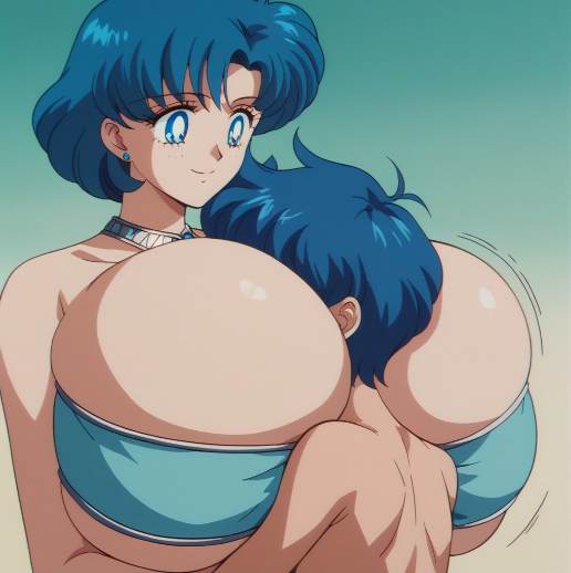 1boy adult_female adult_male ai_generated alternate_age alternate_breast_size ami_mizuno bandeau bishoujo_senshi_sailor_moon blue_eyes blue_hair breast_expansion breast_press breast_smother breast_smothering breasts_bigger_than_head earrings female harem_outfit huge_breasts large_breasts micro_bikini motorboating necklace pony_diffusion_xl revealing_clothes sailor_mercury short_hair swimsuit underboob