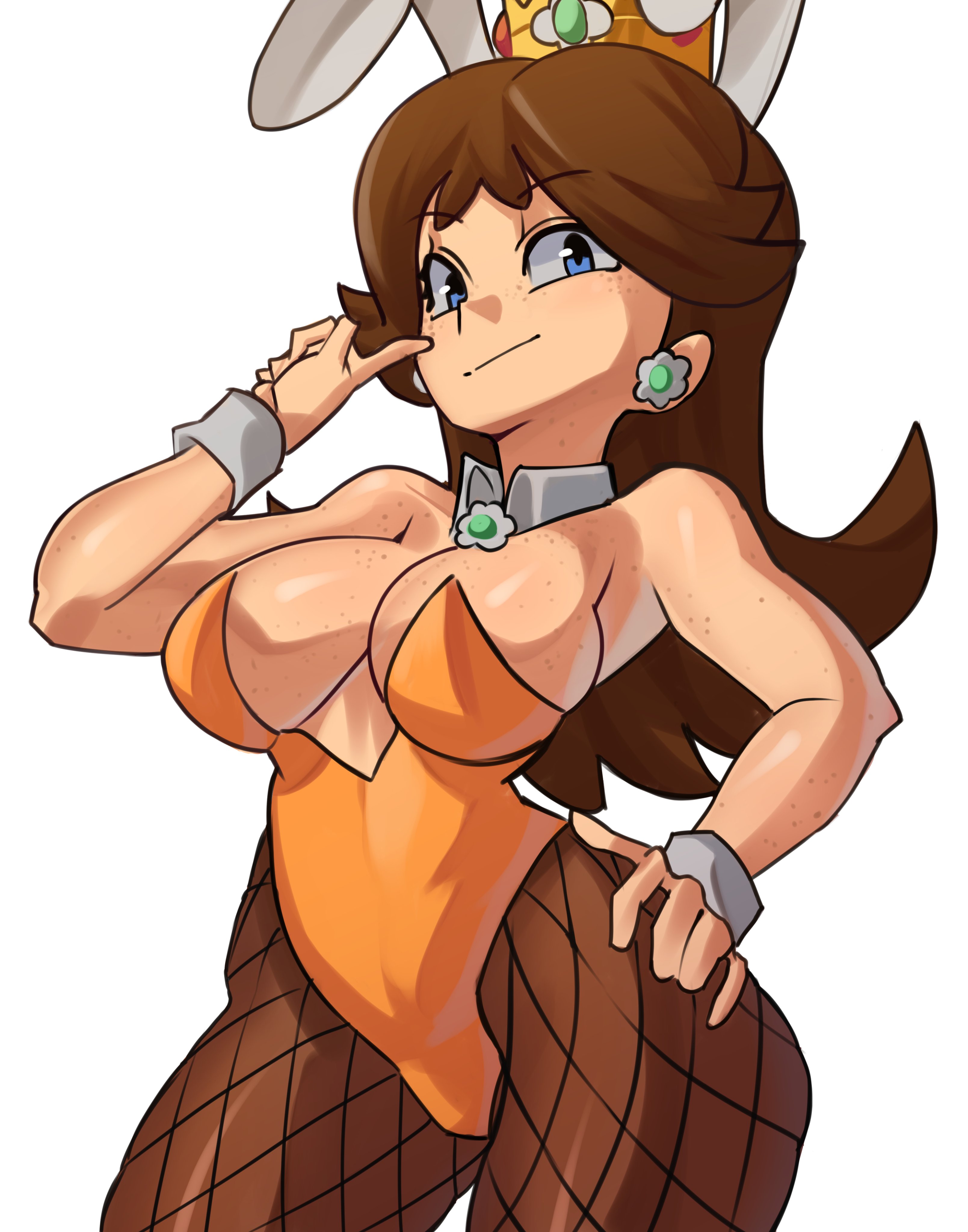 1girls, 2024, 2d, 2d (artwork), 2d artwork, 3d, big breasts, big thighs, blue eyes, breasts, brown hair, bunny, bunny daisy, bunny ears, bunny girl, bunny tail, bunnysuit, carrot (mario), crown, ear piercing, earrings, female, fishnet legwear, fishnets, freckles, freckles on breasts, freckles on chest, freckles on face, hand on hip, huge thighs, light skin, light-skinned female, long hair, looking at viewer, mario (series), moxydrawsmore, nintendo, pale skin, pale-skinned female, princess daisy, solo, solo female, super mario land 2, thick thighs, thighs