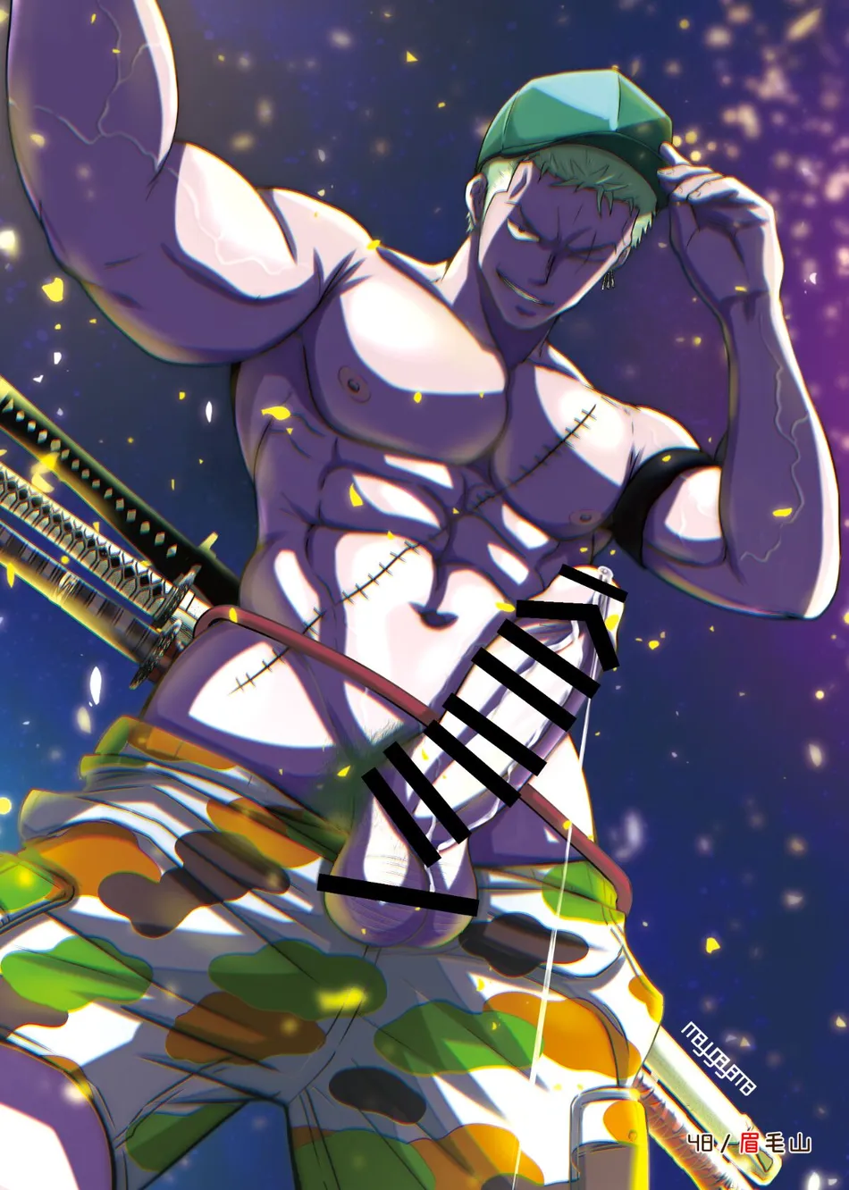 1boy abs armpits balls bara big_penis camouflage_pants cap censor_bar censored censored_penis censored_testicles dark_lighting erection green_hair grin looking_at_viewer looking_down male male_only mayugeyama muscles muscular muscular_arms muscular_male one_piece pecs precum precum_drip precum_string pubic_hair roronoa_zoro scar scar_on_chest scar_on_face short_hair vein veiny_penis