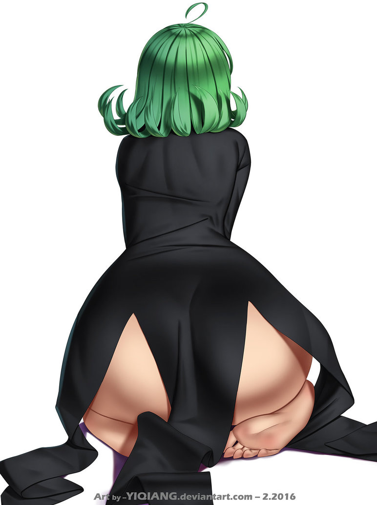 1girls, ass, bent over, black dress, dress, female, female only, green hair, one-punch man, solo, tatsumaki, white background