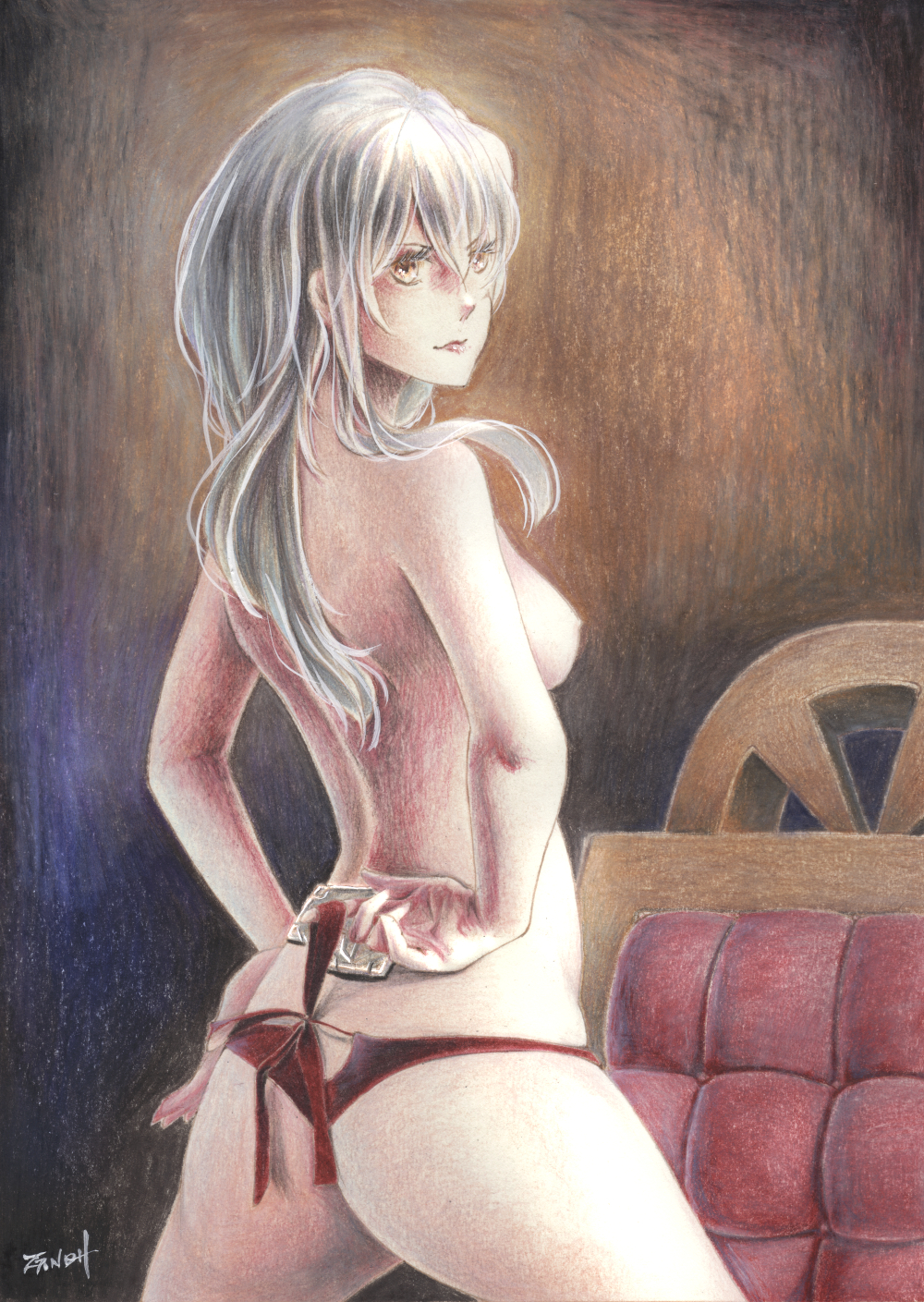 artist_name bikini bikini_bottom bikini_pull breasts couch female gangut_(kantai_collection) grey_hair highres kantai_collection painting_(artwork) red_bikini red_eyes swimsuit tesun_(g_noh) topless traditional_media watercolor_(medium)