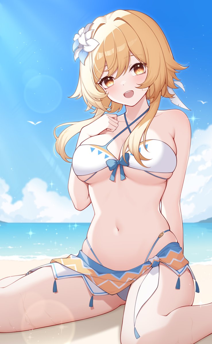 1girls 2024 2d 2d_(artwork) alternate_breast_size alternate_costume beach belly_button big_breasts bikini bikini_bottom bikini_top blonde_hair bra clouds day female female_focus female_only flowers flowers_in_hair front_view genshin_impact light-skinned_female light_skin looking_at_viewer lumine_(genshin_impact) navel ocean official_alternate_costume outdoors poinia revealing_swimsuit sand short_hair sky slim_girl smiling smiling_at_viewer solo solo_female solo_focus summer swimsuit thong thong_bikini two_piece_swimsuit water yellow_eyes young younger_female