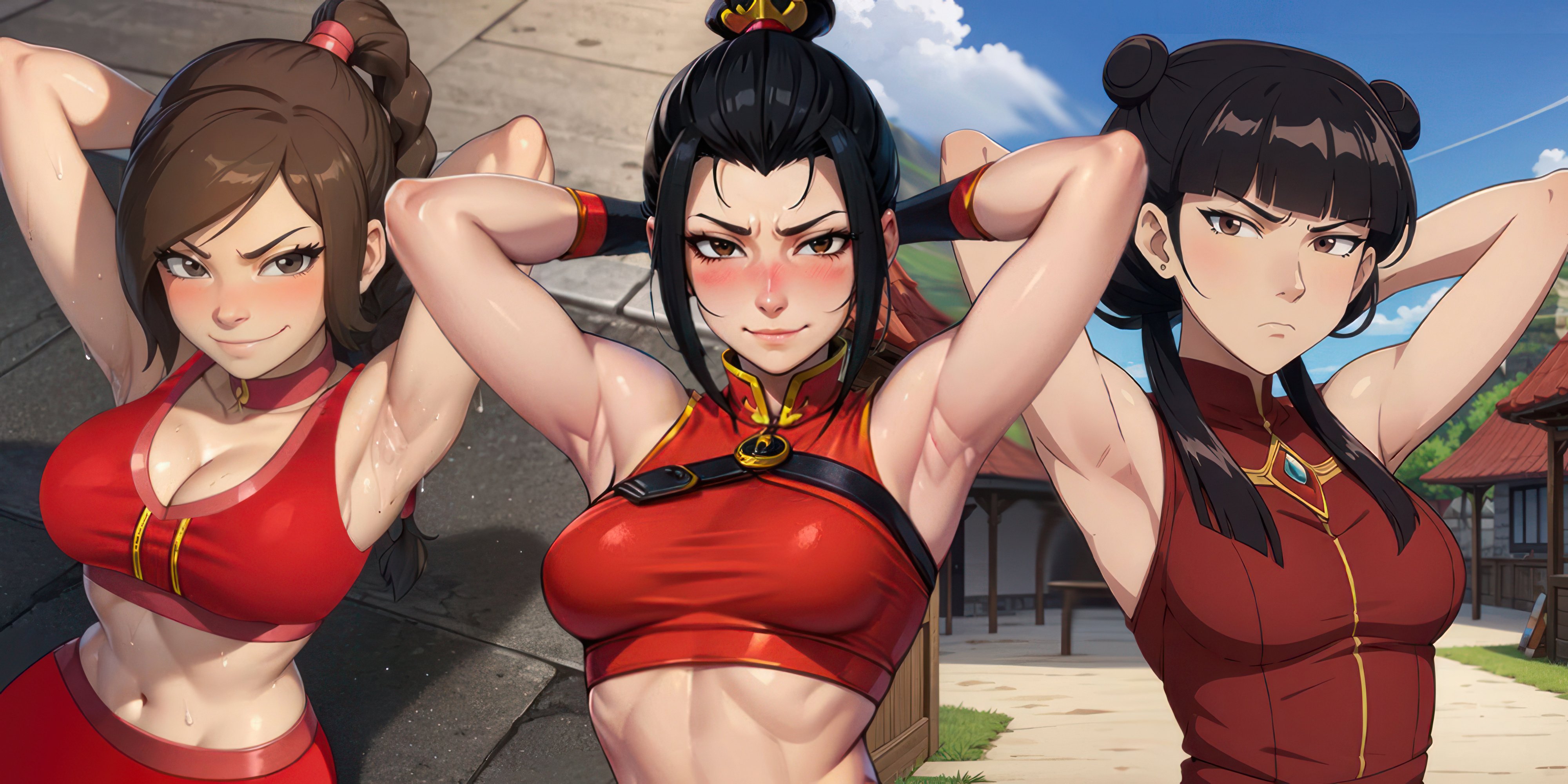 3girls, ai generated, armpit, avatar legends, avatar the last airbender, azula, brown hair, female, female only, fire nation, mai (avatar), multiple females, multiple girls, nickelodeon, nicktoons, princess, tied hair, ty lee