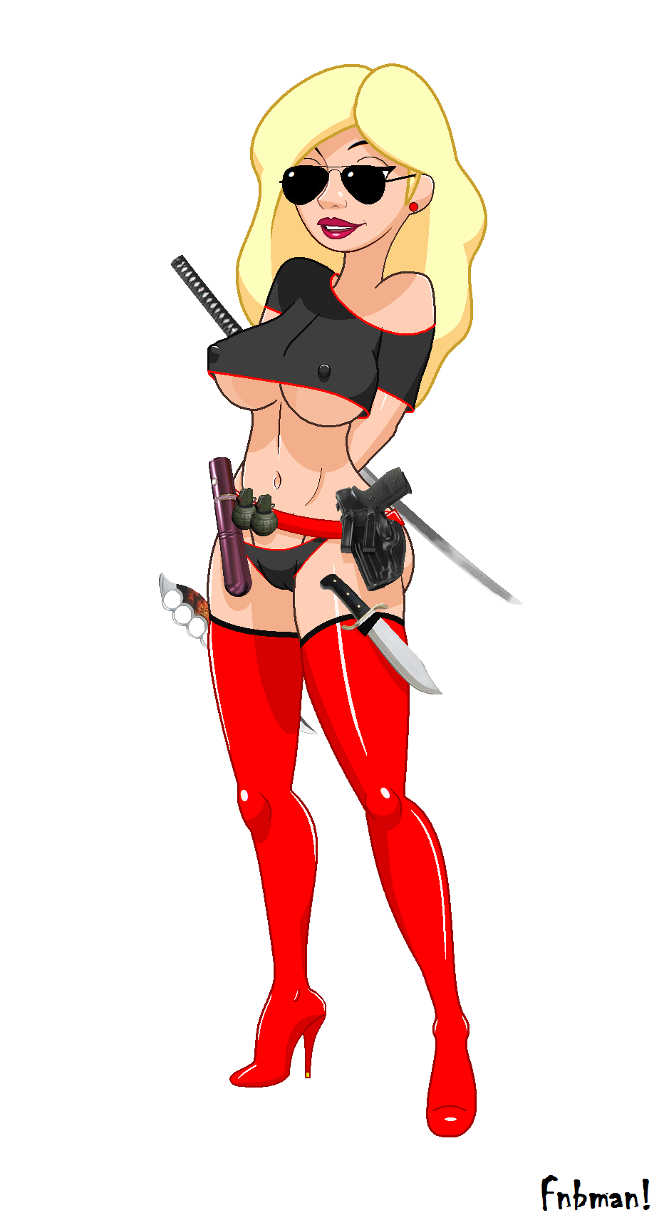 1girls aged_up arms_behind_back artist_name bare_shoulders big_breasts black_panties blonde_hair busty cleavage clothing curvy dildo disney ear_piercing earrings erect_nipple erect_nipples eyeliner female female_only fnbman footwear front_view glasses grenade gun hand_behind_back hands_behind_back high_heel_boots high_heels hourglass_figure human katana kim_possible knife large_breasts legwear lipstick long_hair looking_at_viewer makeup midriff nipple_bulge older panties piercing pink_lipstick pistol pose posing red_footwear red_legwear red_stockings sex_toy shiny shiny_skin simple_background solo standing stockings sunglasses sword tara_(kim_possible) teenage text underboob underwear voluptuous weapon white_background wide_hips yellow_hair