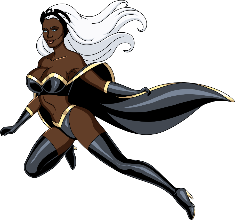 bare_shoulders bikini black_gloves black_hair black_thighhighs blue_eyes boots breasts cape cleavage clothing dark-skinned_female dark_skin elbow_gloves female female_only footwear gloves high_heels lannad large_breasts legwear lips lipstick long_hair marvel marvel_comics multicolored_hair navel ororo_munroe shoes solo storm_(x-men) swimsuit tagme thigh_boots thighhighs tiara very_dark_skin white_hair x-men x-men_97