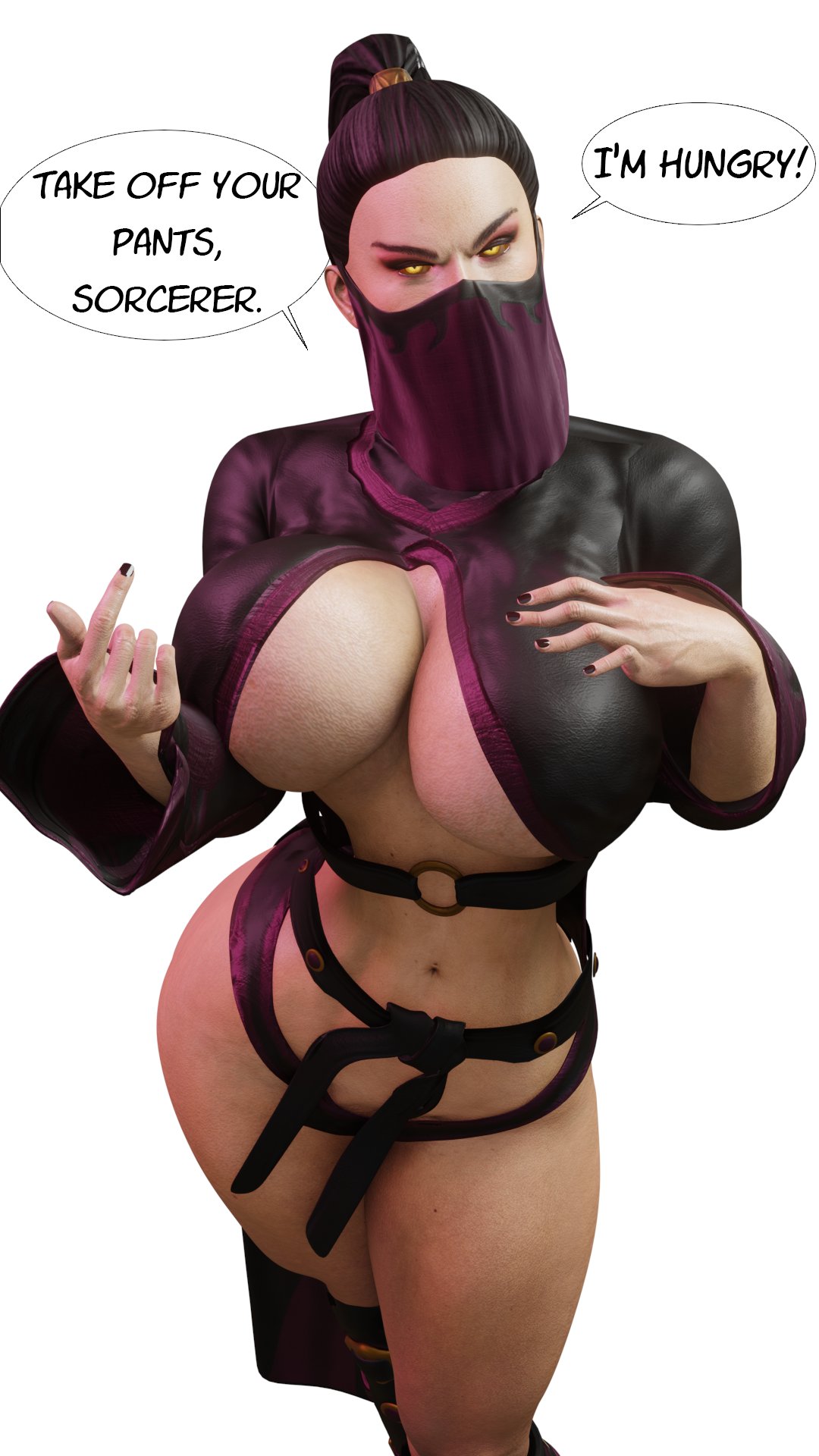 1girls 3d 3d_(artwork) athletic athletic_female big_breasts black_hair boobs breasts busty crop_top demanding eyeshadow female female_focus female_only hourglass_figure large_breasts loincloth long_hair looking_at_viewer makeup mascara mileena mileena_(mk:deception) mortal_kombat mortal_kombat:_deception nail_polish ohmaddoge pinup pinup_pose ponytail skimpy skimpy_clothes solo solo_female speech_bubble tagme thong underboob veil white_background wide_hips yellow_eyes