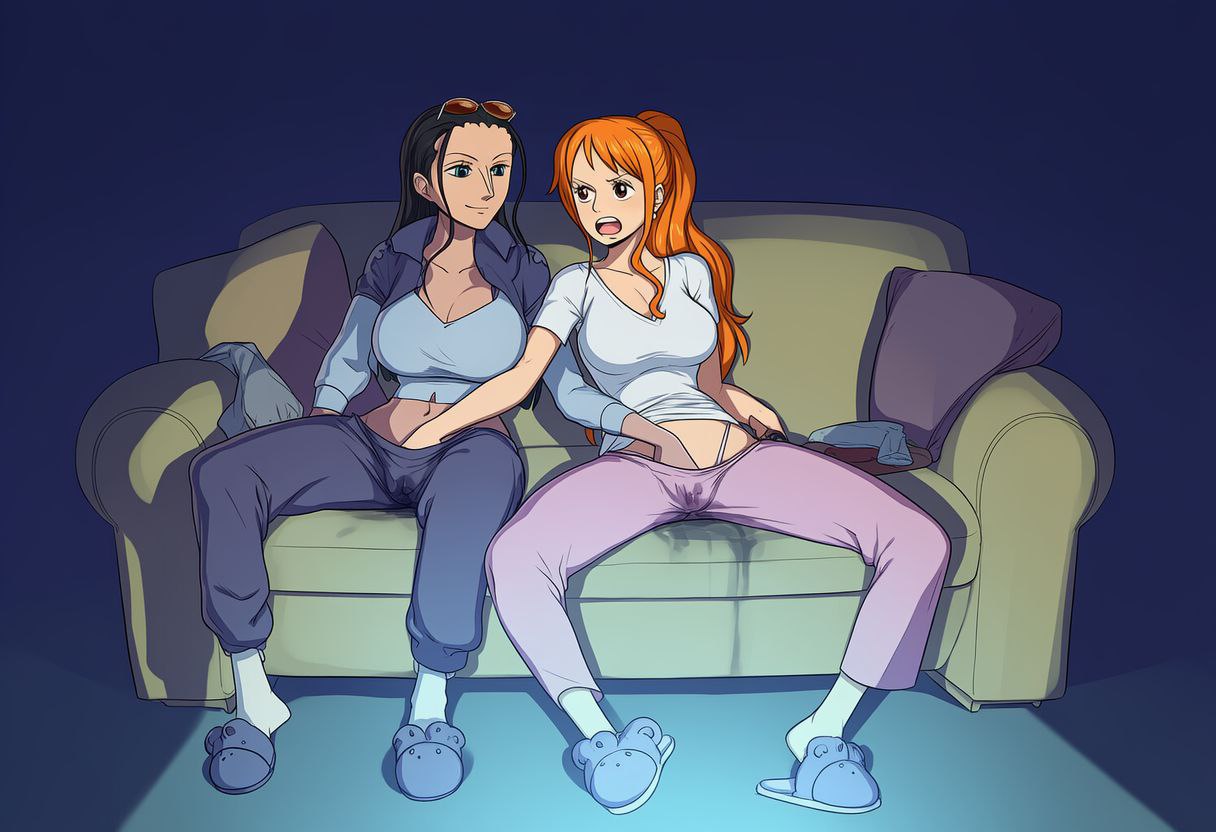 2girls, ai generated, black hair, black-haired female, clothing, female, female only, fingering under clothes, hand down pants, hand in another's panties, hand in panties, hand in pants, loungewear, masturbation, mutual fingering, mutual masturbation, mutual orgasm, mutual yuri, nami (one piece), nico robin, one piece, orange-haired female, orgasm face, pussy, pussy juice, pussy juice drip, relaxing, slippers, socks, wet pants, wet pussy, yuri