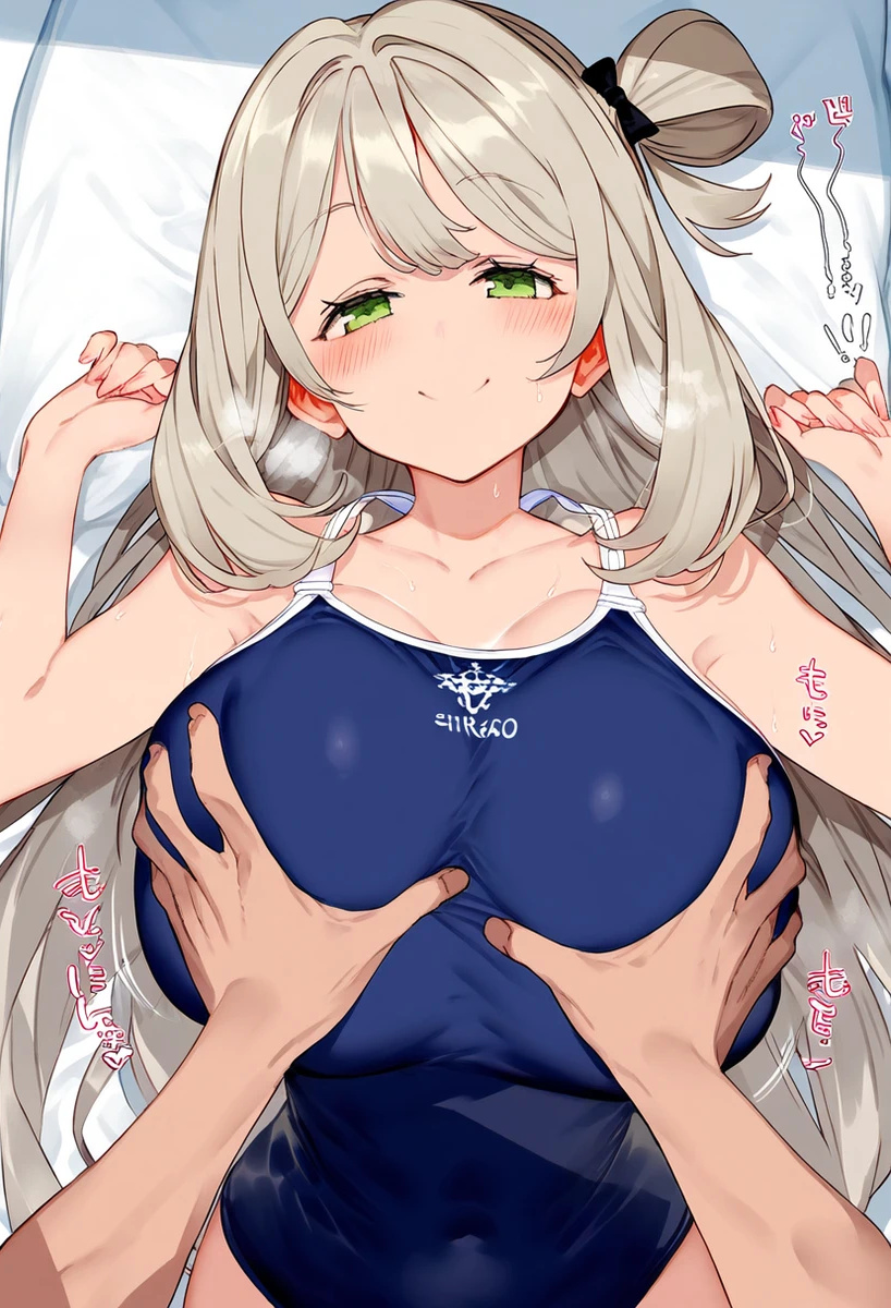 1boy 1girls ai_generated blonde_hair blue_archive blush breast_grab breasts_bigger_than_head gigantic_breasts green_eyes huge_breasts light-skinned_female light_skin long_hair looking_at_viewer massive_breasts nonomi_(blue_archive) novelai one-piece_swimsuit pov pov_eye_contact school_swimsuit squatting sweat sweatdrop swimsuit taku@novelai voluptuous voluptuous_female