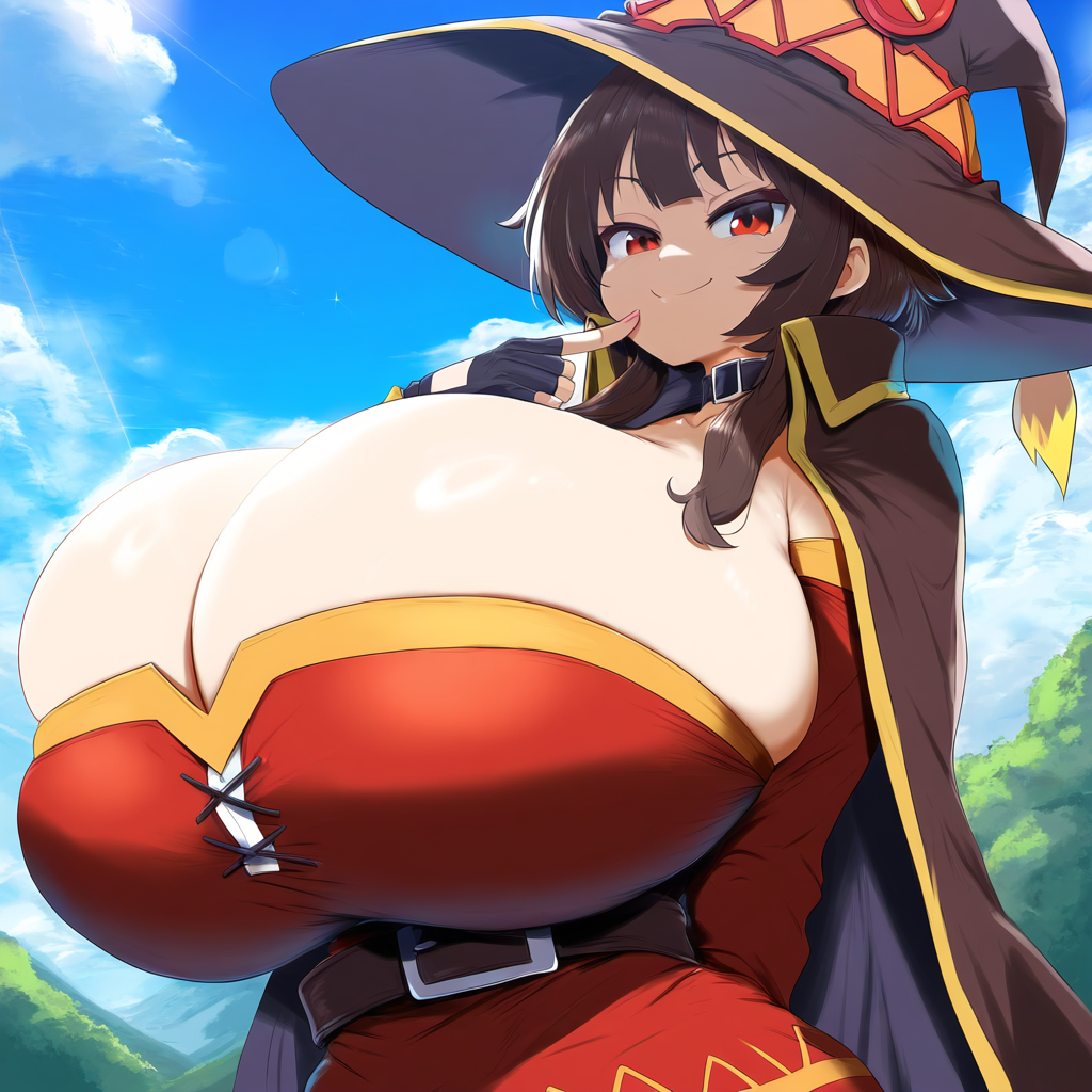 ai_generated alternate_breast_size ameanon big_breasts breasts breasts_bigger_than_head cleavage finger_to_face gigantic_breasts huge_breasts kono_subarashii_sekai_ni_shukufuku_wo! large_breasts megumin red_eyes smug witch_hat