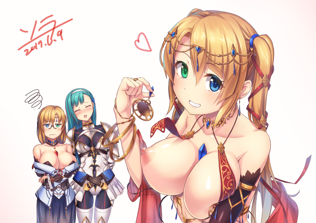 2017 3girls ^_^ ^o^ annoyed aqua_hair armlet armor asymmetrical_bangs bangle bangs bare_shoulders between_breasts black_bodysuit blonde_hair blue_eyes blue_skirt blush bodysuit bracelet breasts brown_belt circlet cleavage closed_eyes closed_mouth collarbone commentary_request covered_navel dated detached_collar earrings eyebrows_visible_through_hair female fingernails furrowed_eyebrows gem glasses green_eyes grin hair_between_eyes hair_ribbon hairband head_tilt heart heterochromia holding hyui_cf2 jewelry large_breasts liesesophis_h_saintgrand long_hair long_sleeves looking_at_another looking_at_viewer medium_breasts multiple_girls nipples nose_blush object_between_breasts off-shoulder_shirt open_mouth original parted_bangs pasties pauldrons red_ribbon revealing_clothes ribbon ring see-through shawl shiny shiny_hair shirt siblings signature simple_background sisters skirt smile squiggle standing tassel tassels twins twintails underbust wavy_mouth white_background white_hairband white_shirt white_skirt yuki_(hyui_cf2) yuri_(hyui_cf2)