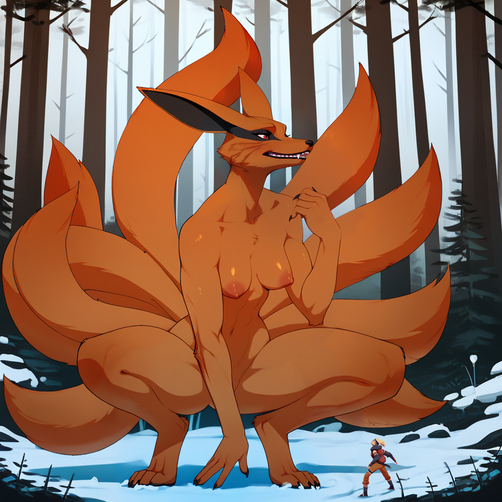 2024 ai_generated anthro anthrofied areola breasts canid canine convenient_censorship crouching duo female female_kurama_(naruto) forest fox front_view fur furry genderswap_(mtf) grin human kurama looking_away looking_up macro male mammal medium_breasts naruto naruto_(series) ninja nipples nude orange_body orange_fur outside plant red_eyes rule_63 size_difference smile spread_legs spreading standing tagme tree uzumaki_naruto warrior wheel_of_fortune_(director)