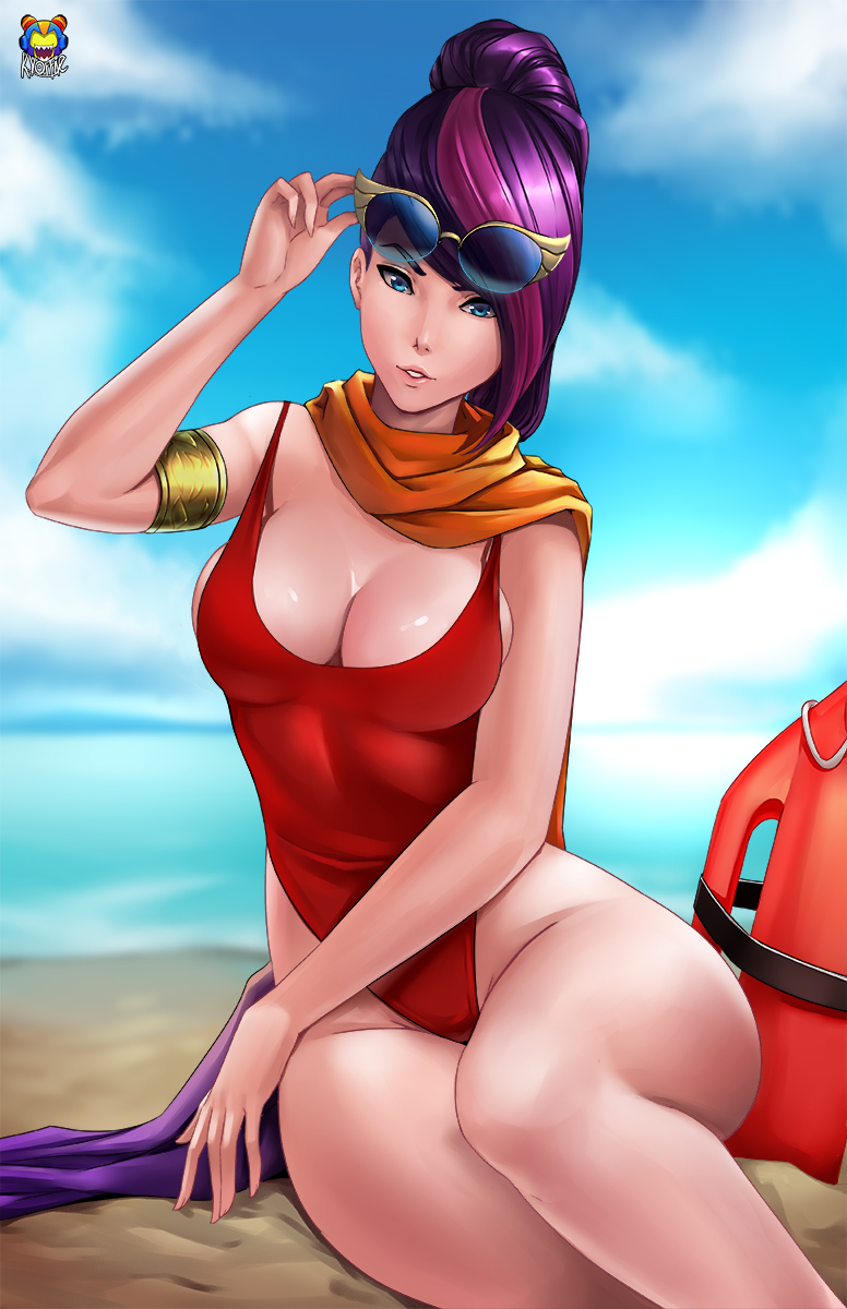 1girls, alternate costume, big breasts, blue eyes, breasts, cleavage, female, fiora laurent, kyoffie, large breasts, league of legends, looking at viewer, one-piece swimsuit, pool party fiora, pool party series, solo, sunglasses on head